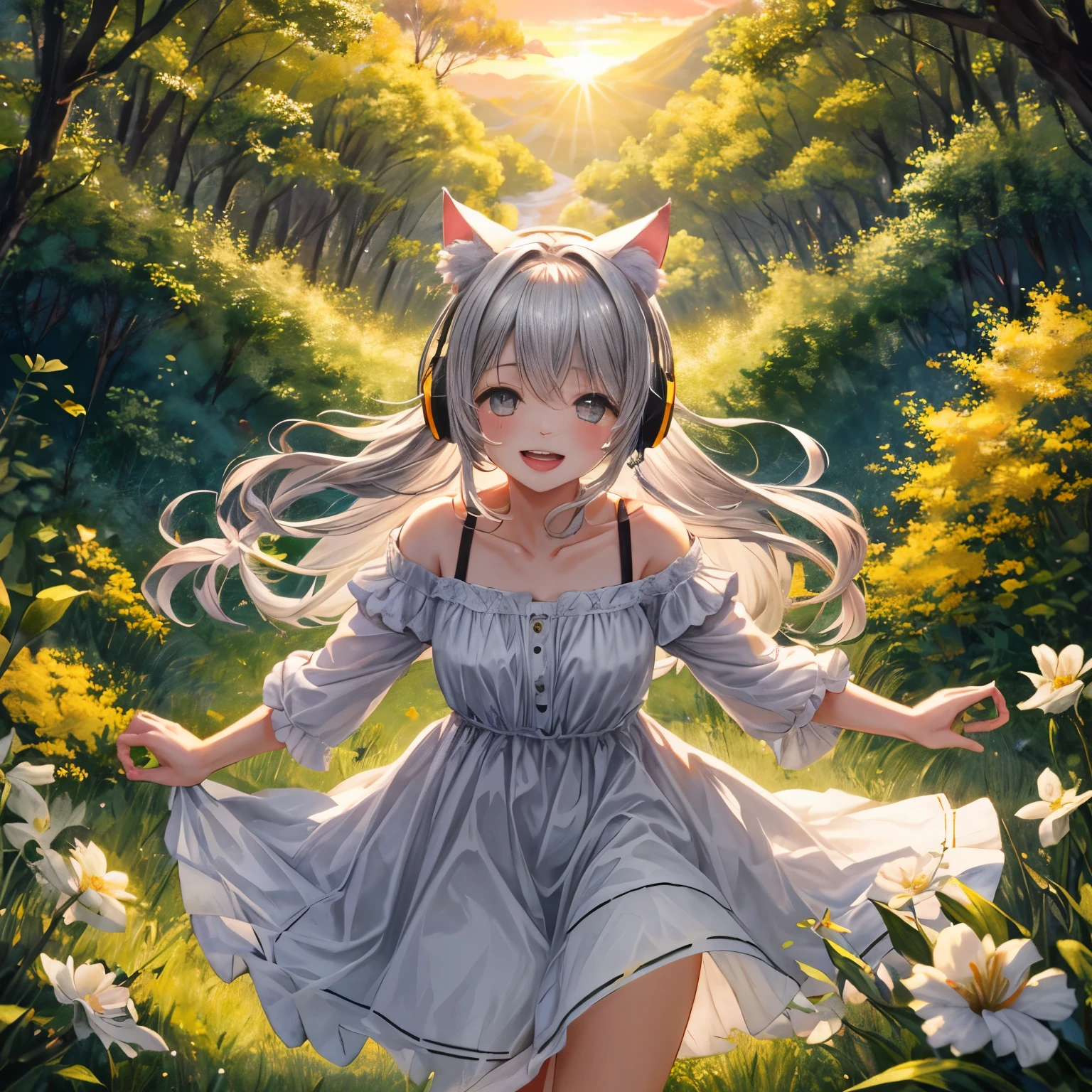 masterpiece, highest quality, movie stills, 1 girl, Cloud Girl, floating in the sky, close, bright, Happy, warm and soft lighting, sunset, (spark:0.7)、cat ears、headphone、gray hair、 girl、cute、Glamour、good style、laughter、Plump、Good style、grassland、in the forest、