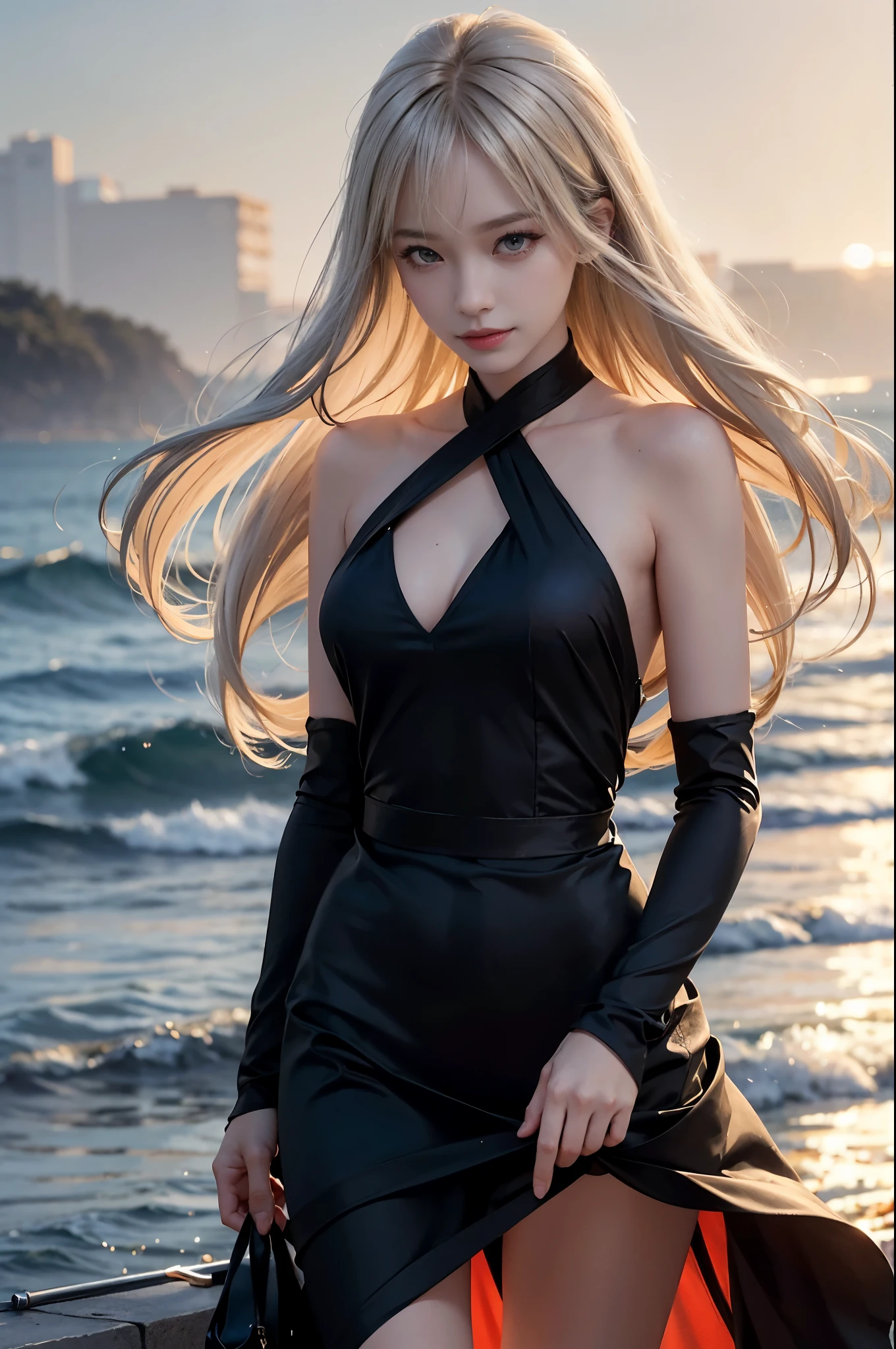1 girl, blonde hair, gray hair, long hair, bangs, sparkling eyes, long eyelashes, pupils shine, compensate, smile, Depth of the bounds written, from below, silhouette, from behind, wide shot, f/1.4, 135mm, canon, nffsw, retina, Accurate, anatomically correct, rough skin, Super detailed, advanced details, high quality, 最high quality, High resolution, 8K, (Woman walking on the beach at sunset), 逆光のsilhouette, (see-through red dress), ((光を通して体のsilhouetteが見える)), (hair blowing in the wind), (My skirt flies up in the wind)