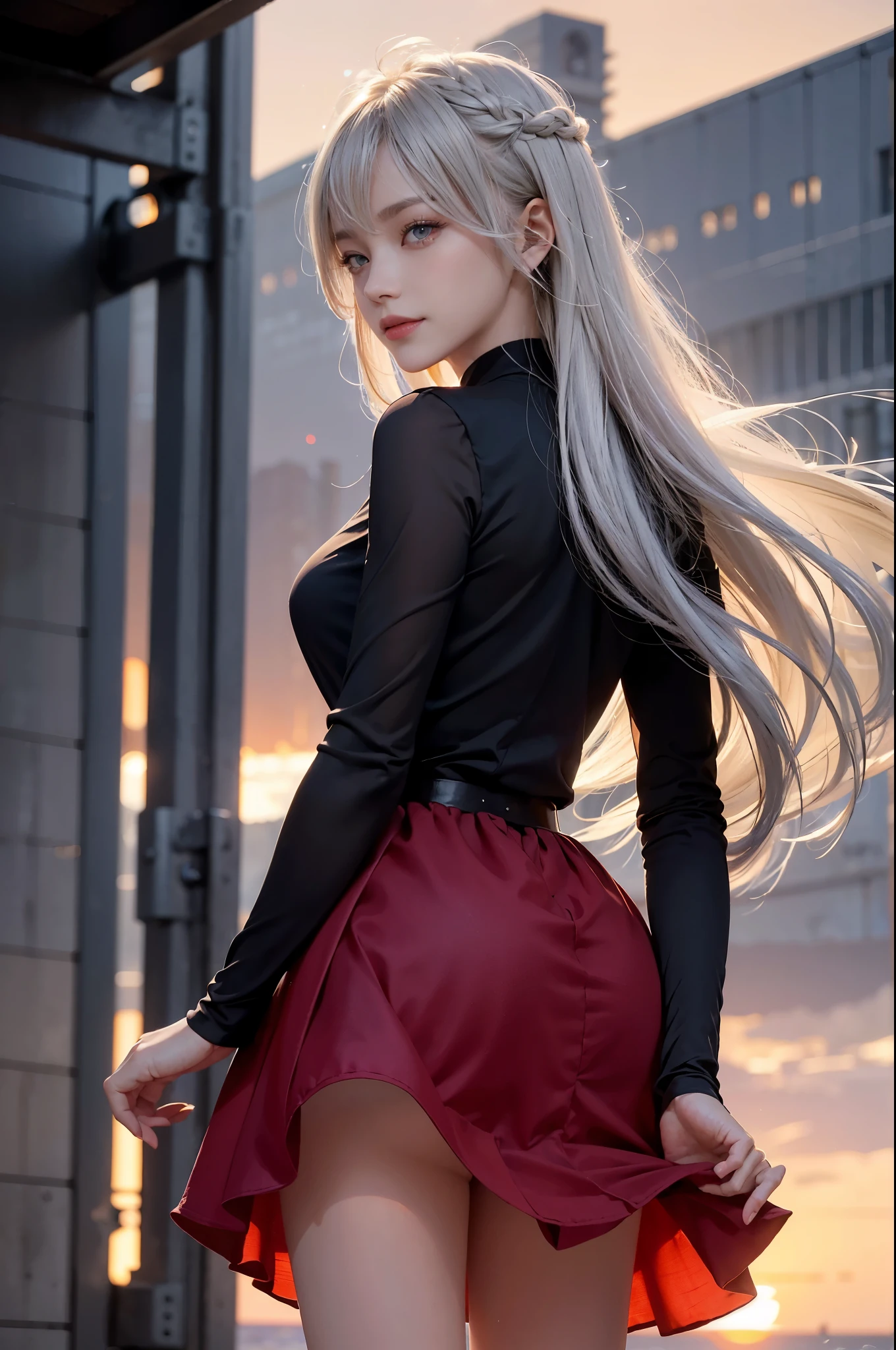 1 girl, blonde hair, gray hair, long hair, bangs, sparkling eyes, long eyelashes, pupils shine, compensate, smile, Depth of the bounds written, from below, silhouette, from behind, wide shot, f/1.4, 135mm, canon, nffsw, retina, Accurate, anatomically correct, rough skin, Super detailed, advanced details, high quality, 最high quality, High resolution, 8K, (Woman walking on the beach at sunset), 逆光のsilhouette, (see-through red dress), ((光を通して体のsilhouetteが見える)), (hair blowing in the wind), (My skirt flies up in the wind)