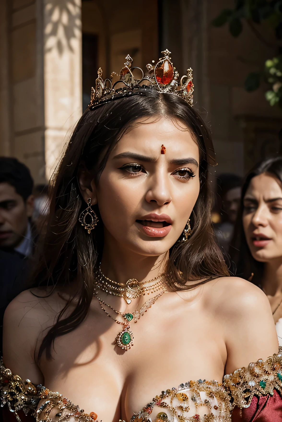 imagine iperrealistic photo of a cringe queen full of jewels and  many necklaces with a sicilian arkichockes shouting a lot