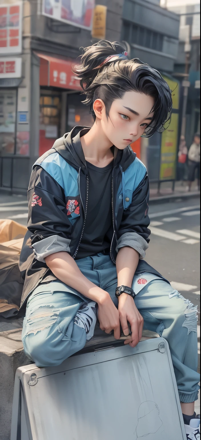 a masterpiece,Bestquality,offical art,8kwallpaper,Extremely Detailed,Illustration,1BOY,Trendy outfits,watch,sneaker shoes,squat down,Hands droop naturally,Hooded jacket,Street side,