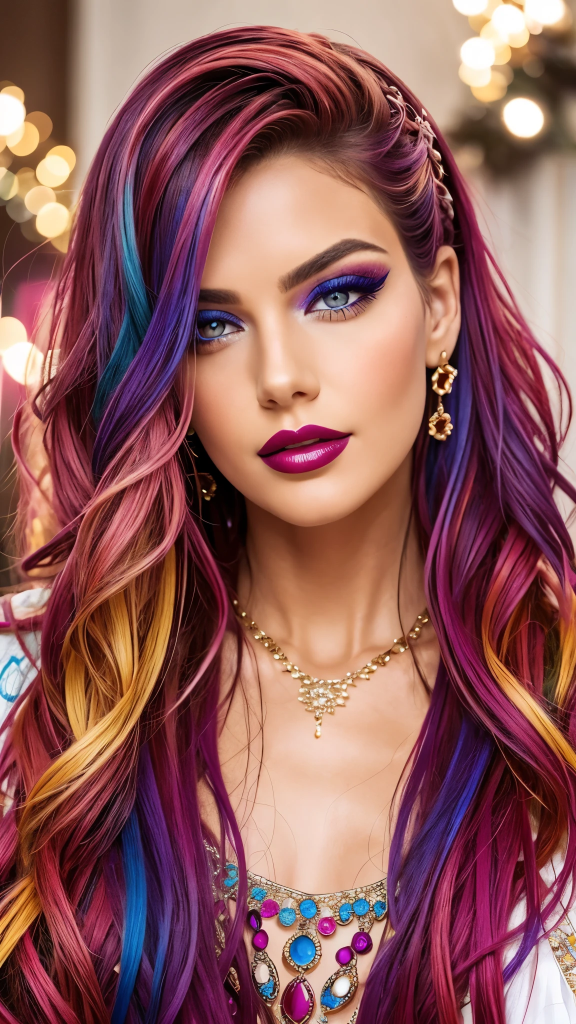 colorful make-up, colorful lipstick, colorful hair, Detailed Face, Detailed Lips, Detailed Eyes, 