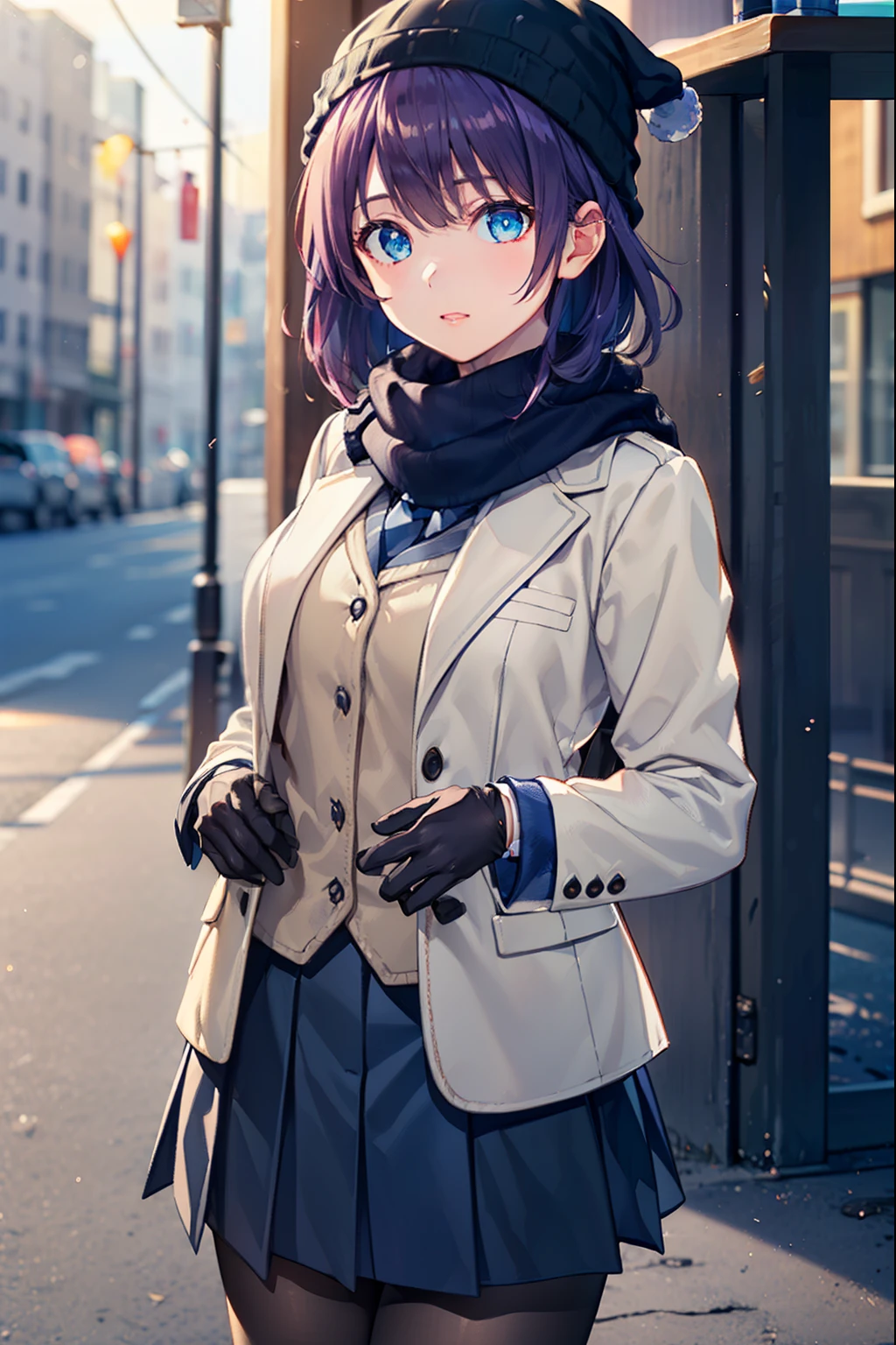 Hitagi Senjogahara, Hitagi Senjogahara, short hair, bangs, blue eyes, purple hair, (medium breasts:1.2), 
break skirt, shirt, gloves, long sleeve, have, school uniform, Jacket, pantyhose, pleated skirt, open your clothes, tie, black skirt, scarf, オープンJacket, coat, Black pantyhose, fur trim, 黒のtie, blue hat, ピンクのshirt, beanie, Winter clothes, blue scarf, Naoetsu High School uniform,
break outdoors, city, Yuki,
break looking at viewer, (cowboy shot:1.5),
break (table top:1.2), highest quality, High resolution, unity 8k wallpaper, (figure:0.8), (beautiful and fine eyes:1.6), highly detailed face, perfect lighting, Highly detailed CG, (perfect hands, perfect anatomy),