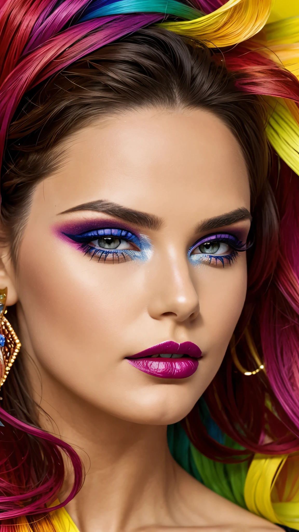 colorful make-up, colorful lipstick, colorful hair, Detailed Face, Detailed Lips, Detailed Eyes,
