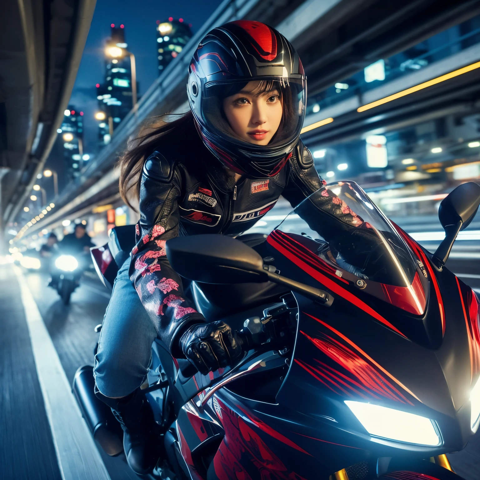 (Ultra-detailed eyes), (((textile shading))), (((Best Quality))), (((materpiece))), (((Ultra-detailed CG))), sassy girl, (((magical ))), long black hair, ((waving by winds, gorgeous hair)), brown eyes, (((biker girl, leather jacket, black bra inside, y2k ripped shorts))), ((striking a pose)), (((Game CG)) (gorgeous, sassy, it girl),neon lights,vibrant colors,night scene, gritty atmosphere,4K. cinematic nighttime japan metro scenery, beauty 18 years red-hair japan girl riding fast her cool design big black silver matte full modification cool racing sporty bike, fast velocity shoot, wearing face-seen helmet, show cool smile intense expression, wearing red-black sukajan satin jacket, very short pants & rider boots, street intercept, bike manouvre, action scene, light trail, dynamic perpective, hyper realistic, riding gesture, taken with Fujifilm XF 56mm f/1.2 R Lens. HDR10 8K