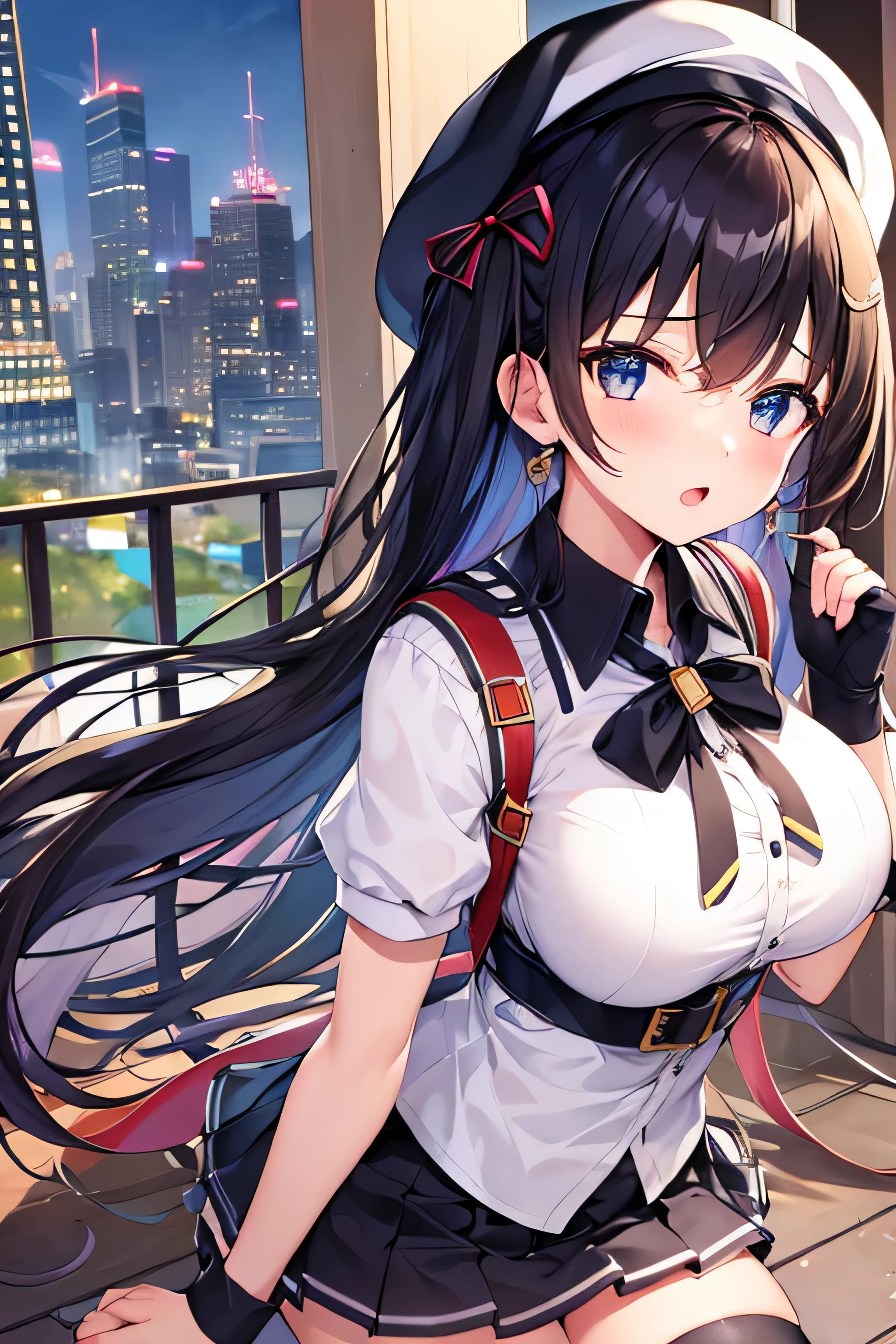 masterpiece、Highest image quality、ultra high resolution、big breasted 、twin tail hairstyle、black hair、red face、shyly、mock、Open your mouth just a little、Short-sleeved women&#39;s clothing that shows the chest、well-shaped chest、Girls Mini Skirt、girls thigh high socks、girls beret、Skyscraper、outdoors