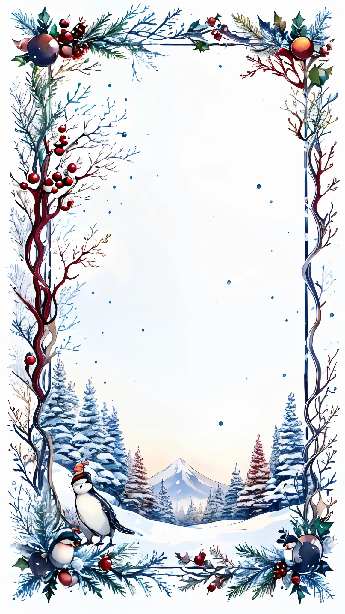 Winter Frame,2017,antlers,apple,artist name,bare tree,bear,berry,bird,blue headwear,bow,branch,candy cane,chicken,christmas,christmas ornaments,christmas tree,coat,earmuffs,fake antlers,footprints,fruit,hat,holly,ice,looking at viewer,mittens,mount fuji,mountain,no humans,outdoors,penguin,pine tree,polar bear,reindeer,reindeer antlers,santa hat,scarf,signature,smile,snot,snow,snowball,snowflake background,snowflakes,snowing,snowman,sparrow,traditional media,tree,water,watermark,white scarf,winter,winter clothes,blank middle