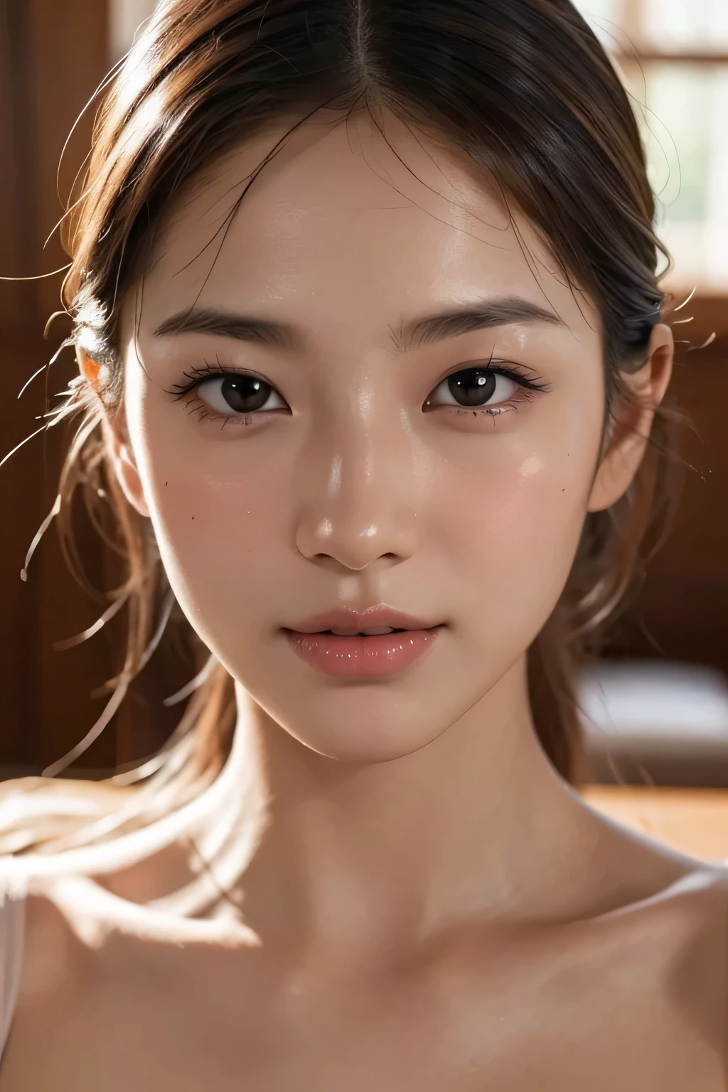 (Enhances the beauty of skin texture:1.1), highest quality、masterpiece, ultra high resolution、(Photoreal:1.4)、RAW photo、1 girl、shiny skin, dramatic lighting, RAW photo, table top:1.3, ultra high resolution:1.0, sharp focus:1.2, beautiful woman with perfect figure:1.4, thin abs:1.2, Highly detailed face and skin texture, fine eyes, double eyelid, perfect facial balance, clean system, smile, Soft light in a beautiful studio, rim light, vivid details, surreal, Fine and beautiful skin, realistic skin, beautiful face, Beautiful woman, high solution face, soft texture, nude, close up of face, glowing skin, face of glory, crazy high resolution, glowing skin, shining face, luster, oily skin, oily face, close up of face, zoom on face, oily skin, oily face, 強いluster, beautiful hair, Kitagawa Keiko