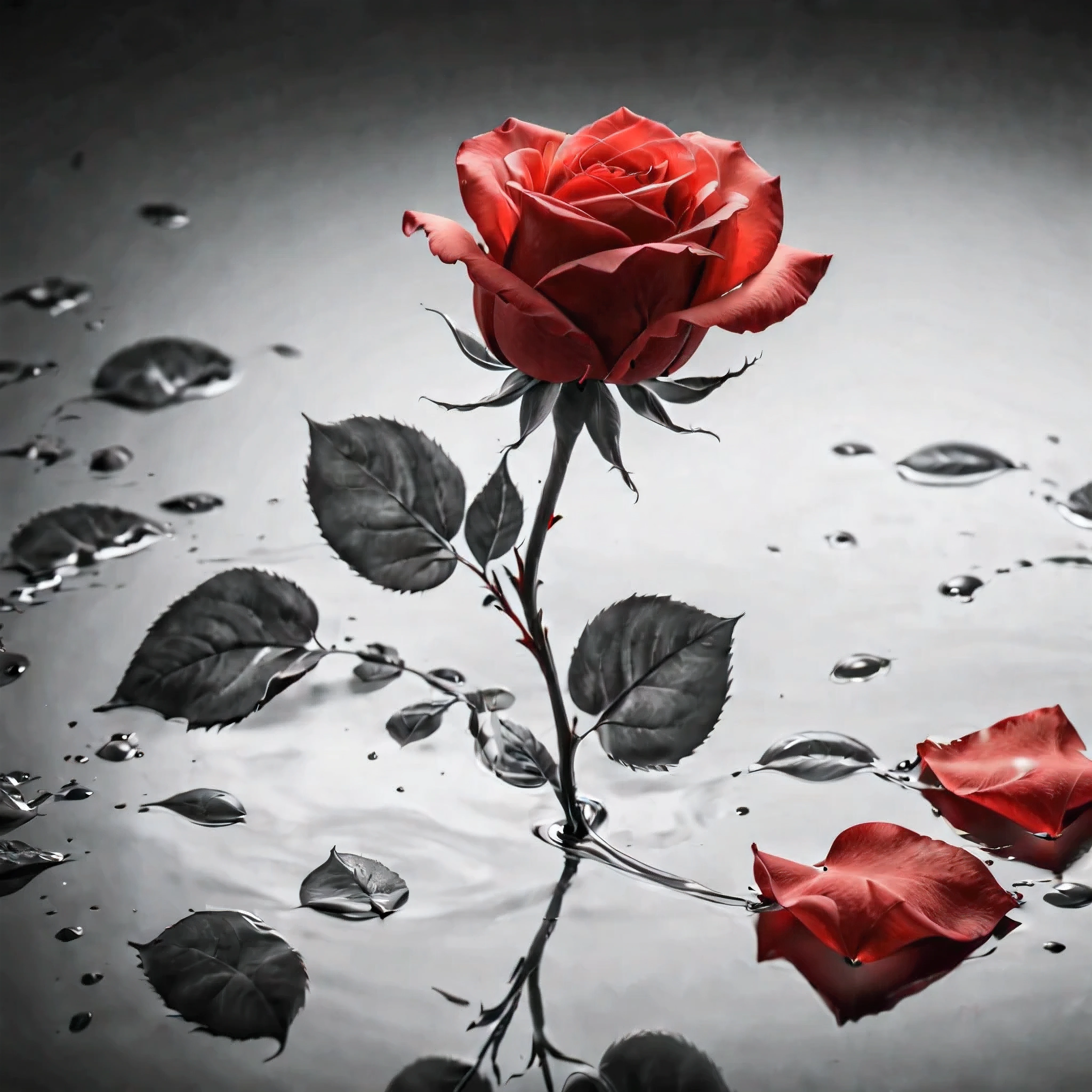 ((Selective color)), Drawing of Delicate Red Rose Petals floating by the winds, smooth lines, fine art piece, Express expressions and postures through ink contrast, emphasize light, shadow and space. figurative art, (best quality, 4K, 8k, high resolution,masterpiece:1.2) ,(actual, photoactual, photo-actual:1.37). 