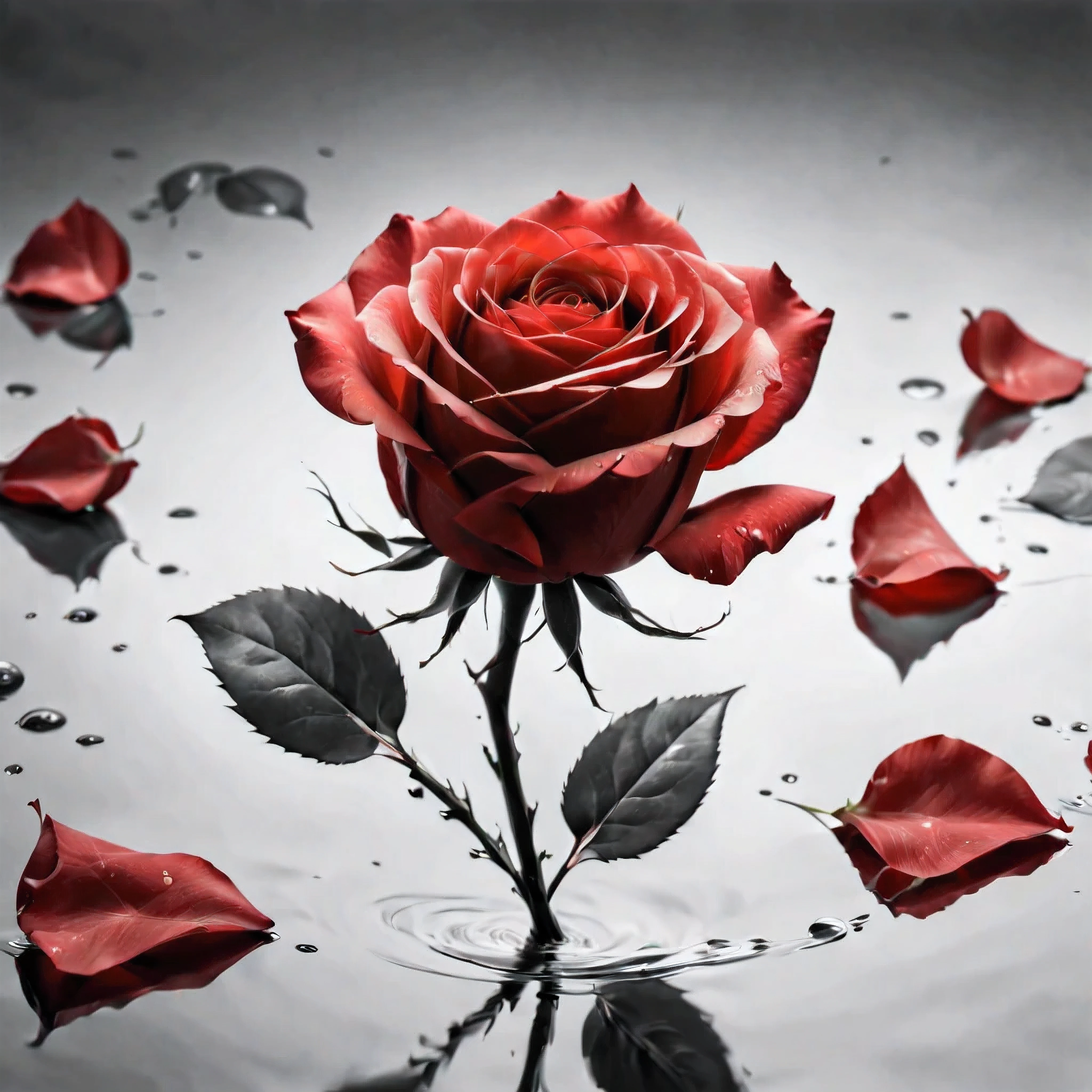 ((Selective color)), Drawing of Delicate Red Rose Petals floating by the winds, smooth lines, fine art piece, Express expressions and postures through ink contrast, emphasize light, shadow and space. figurative art, (best quality, 4K, 8k, high resolution,masterpiece:1.2) ,(actual, photoactual, photo-actual:1.37). 