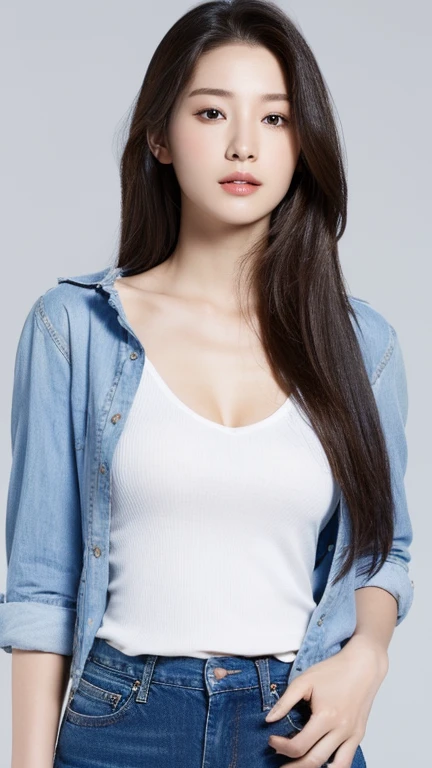 （real， High resolution：1.3）， one girl with a perfect body， super thin face and eyes，long hair， Random Color Tank Top：1.2， jeans coat， big breasts，Expose the neckline