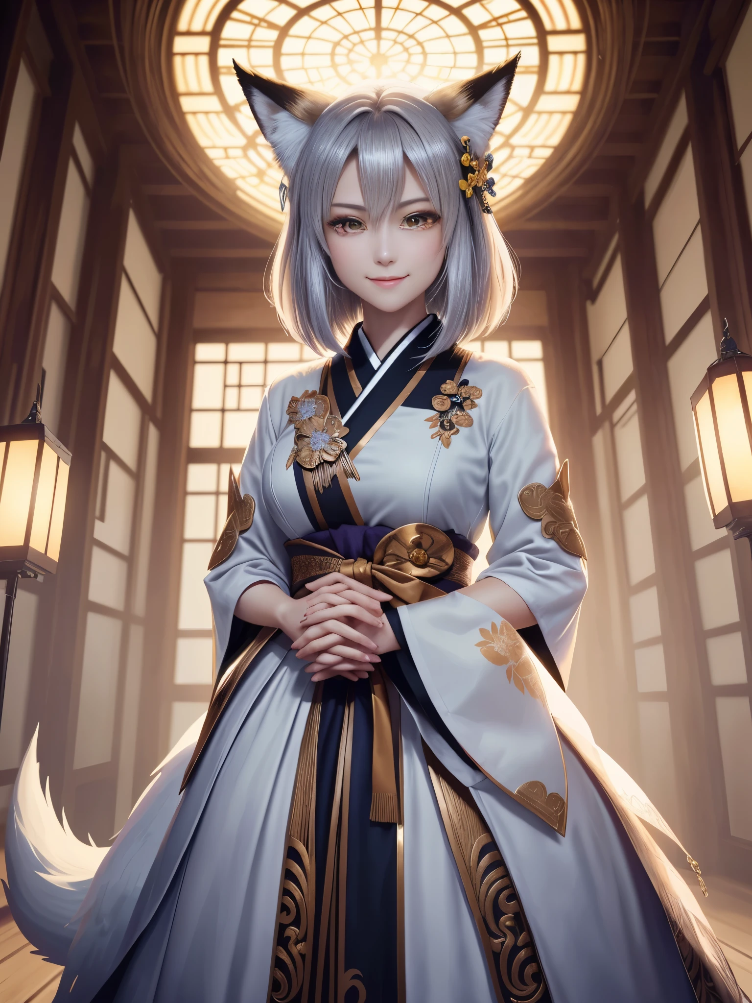 masterpiece , best quality,close up of face,smile,the whole body is facing forward,bright silver hair,brown eyes,sharp contrast,short hair,美しいフォルムのshort hair,just one person,precision quality,, masterpiece, japanese architectureの背景,beautiful details, colorful, delicate details, delicate lips, intricate details, genuine, ultrargenuineista, 枝に座っている色とりどりの髪のFoxを持つ女の子:Mature, bright eyes, ,色とりどりのFox, raposa de nine tails, 三尾Fox, 三尾Fox, onmyoji detail art, beautiful fine art illustration, mythical creatures, Fox, beautiful digital art,shrine maiden,japanese architecture,hold hands,exquisite digital illustration, mizutsune, Inspired by mythical wild web creatures, pixiv in digital art, shining light, high contrast, Mysterious,