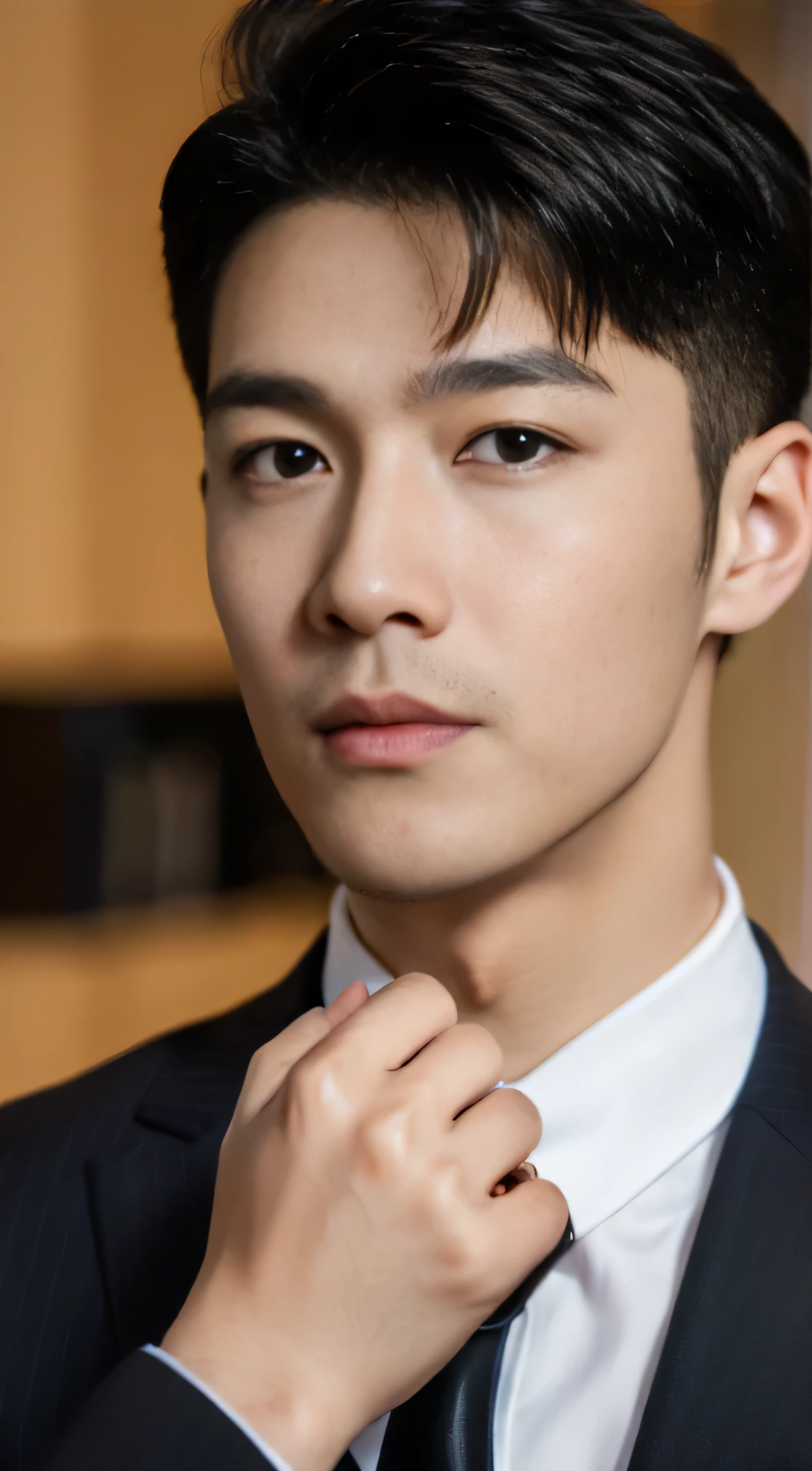 ((Men)), (head shot), (frontal face), (half body view), (Handsome muscular man in his 30s wearing black luxury suit with black necktie), zi wang (prince chiu), Mischievous smile, (detail: 1 in 1), Natural muscles, HIG quality, beautiful eyes, (Detailed face and eyes), (Face、: 1 / 2), Noise, Real Photographics, ... ...................................................................................................PSD, Sharp Focus, High resolution (8K), realistic & Professional Photography, 8K UHD, Soft lighting, High quality, Film grain, FujifilmXT3