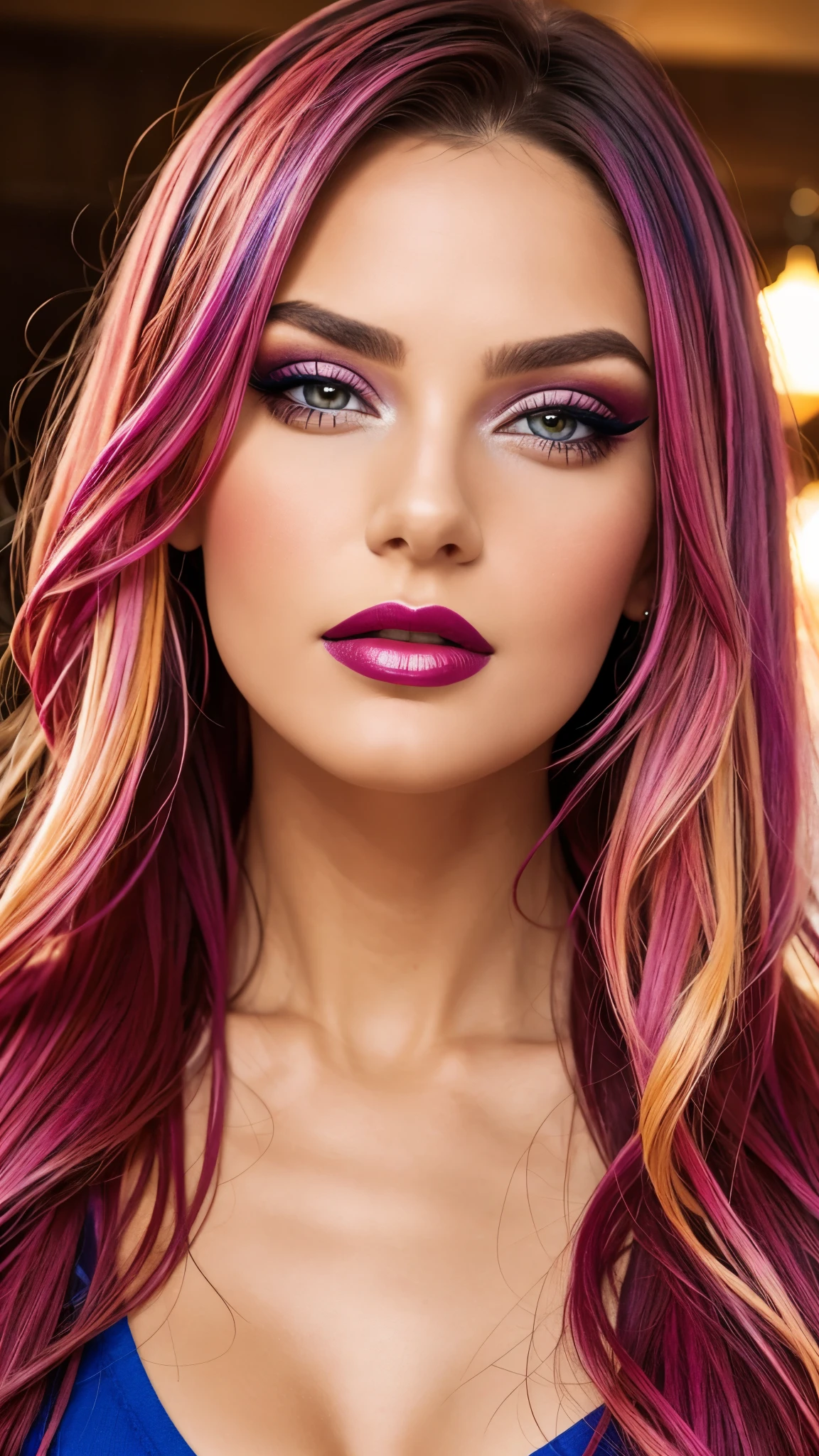 colorful make-up, colorful lipstick, colorful hair, Detailed Face, Detailed Lips, Detailed Eyes, 