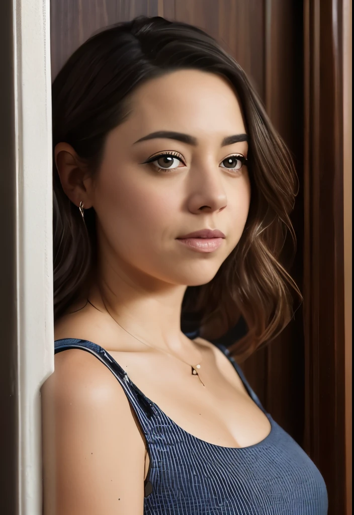 masterpiece, lifelike image of AubreyPlaza, frowning, photo realistic, highly detailed, detailed face, giggling, hair in a ponytail, windswept, dramatic lighting, detailed eyes, looking round the corner of a door