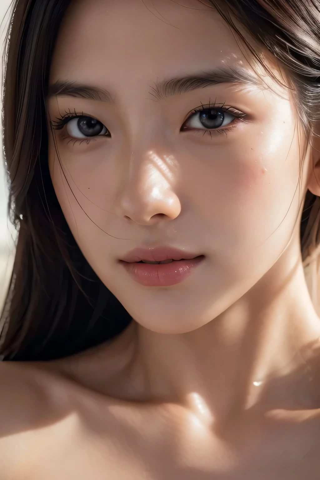 (Enhances the beauty of skin texture:1.1), highest quality、masterpiece, ultra high resolution、(Photoreal:1.4)、RAW photo、1 girl、shiny skin, dramatic lighting, RAW photo, table top:1.3, ultra high resolution:1.0, sharp focus:1.2, beautiful woman with perfect figure:1.4, thin abs:1.2, Highly detailed face and skin texture, fine eyes, double eyelid, perfect facial balance, clean system, smile, Soft light in a beautiful studio, rim light, vivid details, surreal, Fine and beautiful skin, realistic skin, beautiful face, Beautiful woman, high solution face, soft texture, nude, close up of face, glowing skin, face of glory, crazy high resolution, glowing skin, shining face, luster, oily skin, oily face, close up of face, zoom on face, oily skin, oily face, 強いluster, beautiful hair, Kitagawa Keiko、Kuroki Meisa