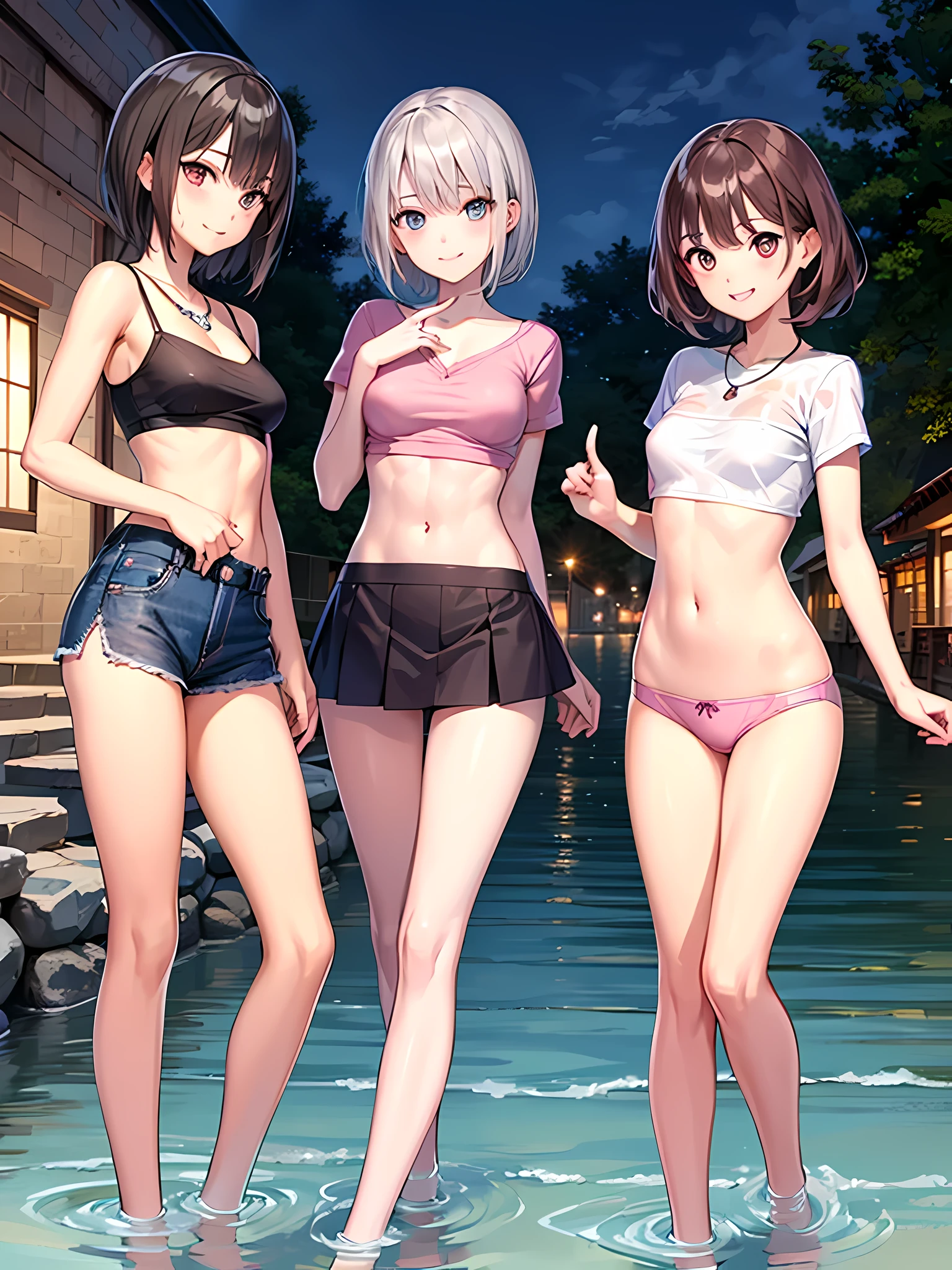 ((highest quality)), ((masterpiece)), (), (3 girls:1.3), cute three girls are posing for a camera outdoors in the water, shirtをつかむ, stand in line, (Close-up shot from the knee:1.3), perfect face, smile, (open your mouth and smile:1.3), embarrassed look, (precise fingers:1.3), hair band, head band, hair bobble, blouse, shirt, I can see your underwear, (pastel colored underwear), high resolution eyes, accurate eyes, (high resolution eyes:1.8), (High definition finger 1.8), light smile, small chest, chest, realistic, 4-year-old, 5 yeold, ears ols old, knee s short skirt, Asian, Westerners, silver hair, brown hair, blonde, belly button, jewelry, looking at the viewer, necklace, water, , Wet, long hair, short hair, abs,