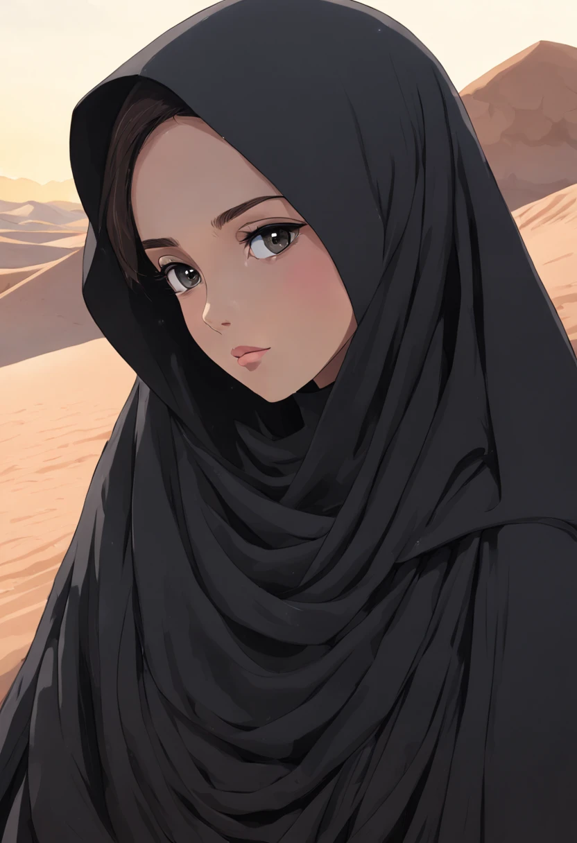 Develop a poignant anime-style illustration showcasing the extreme close-up of a 24-year-old woman draped in a black Abaya and Khimar Hijab. In the background, a serene desert landscape unfolds, bathed in the soft light of dawn, symbolizing the timeless beauty and resilience of Islamic heritage, while the woman's unadorned eyes reflect the purity and simplicity of faith.