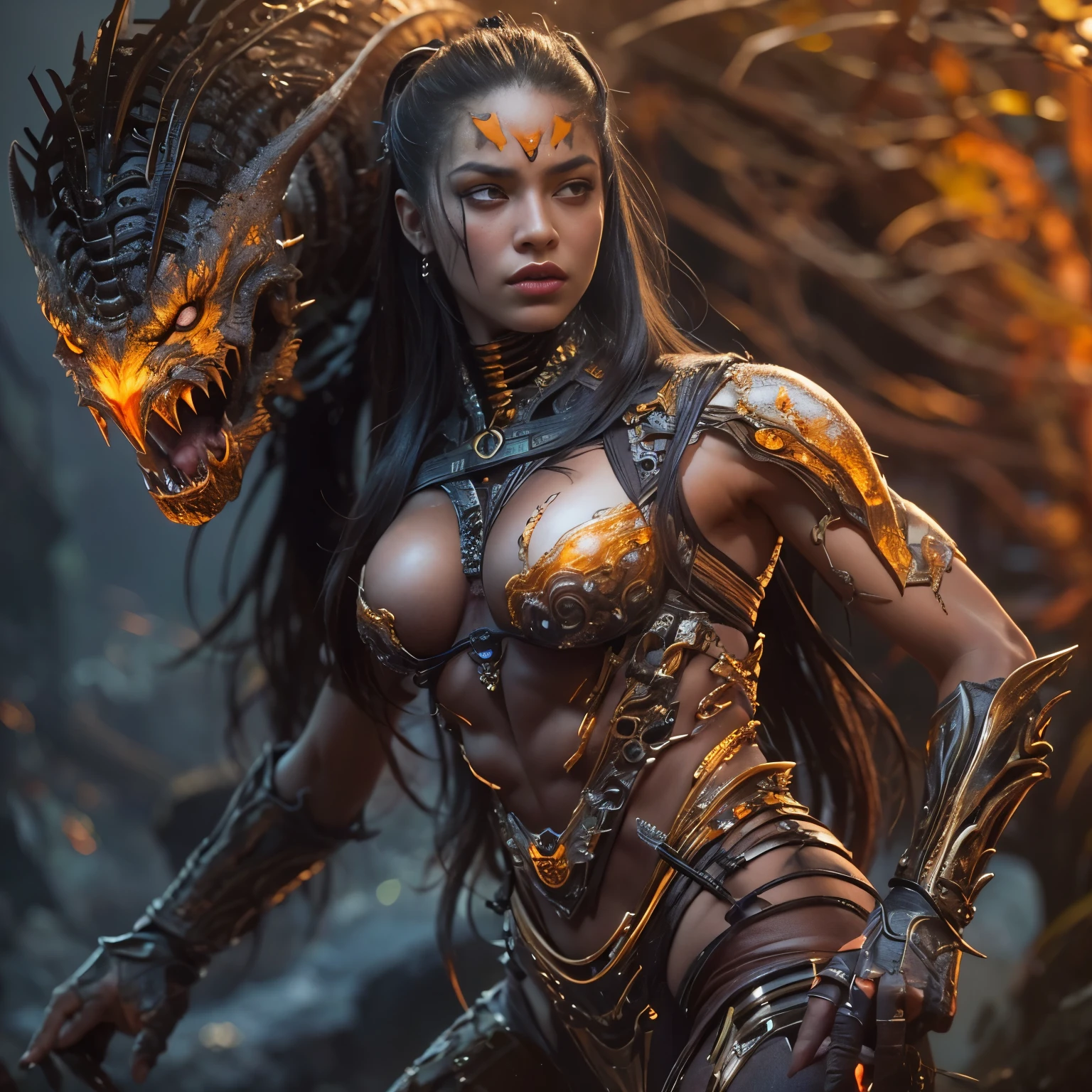1 female alien, The predator, warrior, (extremely beautiful:1.2), (intense gaze:1.4), (predator:1.1), long dark claws, NSFW,  nipples, thick eyebrows, glowing and shining orange eyes, the most beautiful face in the universe, ((There is a female genital-like organ in the middle of her forehead:1.1)),

A woman with an extremely beautiful face, her intense gaze fixed on her prey, a primal force that could not be denied.

(extreamly beautiful lean body:1.5), (ultra muscular build:1.2), (prowling:1.3), (sleek movements:1.4),

Her beautiful body, muscular and toned, moved with sleek grace as she prowled, ready to strike at a moment's notice. The predator within her was always on