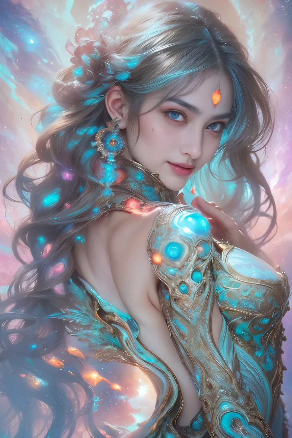 (1 beautiful age Italian girl:1.6), (She is smiling seductively and looking down at viewers:1.6), (wearing a detailed iridescent bodysuit with beautiful fractal or marble design:1.5), Incredible and spectacular scenes, ((High quality)), ((Detailed)), ((Fantasy)), Blue Plasma Brain, Green Plasma Body, Showing her armpits, beautiful breast, (small breasts with beautiful raised areolas:1.4), beautidfur tits, Photorealistic, Official art, Unity 8K Wall , 8K Portrait, Best Quality, Very high resolution, (Incredibly beautiful nature background:1.6), (18 years old:1.5), (Sexy and glamorous:1.1), (Model Posing:1.8), Beautiful seductive face, Portrait, (Thick eyebrows:1.4), (Big scarlet eyes:1.6), Beautiful eyes with fine symmetry, (Ultra detailed eyes:1.4),(Highly detailed face and eyes:1.7), (High-resolution hair:1.8), Intimate face, (ultra detailed skin texture:1.4), White skin, pale skin, Perfect Anatomy, Thin, (Beautiful toned body:1.5), Highly detailed hair, (Moist skin:1.2), No makeup, (dark circles:1.1), Good anatomy, Focus Face, good-looking, (Emilia Clark:0.6) (Emma watson:0.3),(Jennifer Connelly:0.4), Elegant face, (A delicately crafted necklace is wrapped around her neck), (Bioluminescence with brilliant brilliance:1.4), (Luminous magic circle:1.5), Ruins of an ancient castle, Shining majestic cloud masses and sky, lightning bolt, Epic Realistic, (Greg Rutkowski:0.8), (teal and orange:0.4), (Art Station:1.5), Cinematic, (NSFW:1.5), Hyper Detailed, Dramatic light, (Intricate details:1.1), Beautiful black hair, (Wearing a gauntlet with a dense and very beautiful design decorated with jewels:1.1), Galaxy, (nebulas:1.6), The Dark Knight, Fully armored body focus, vampire-like teeth