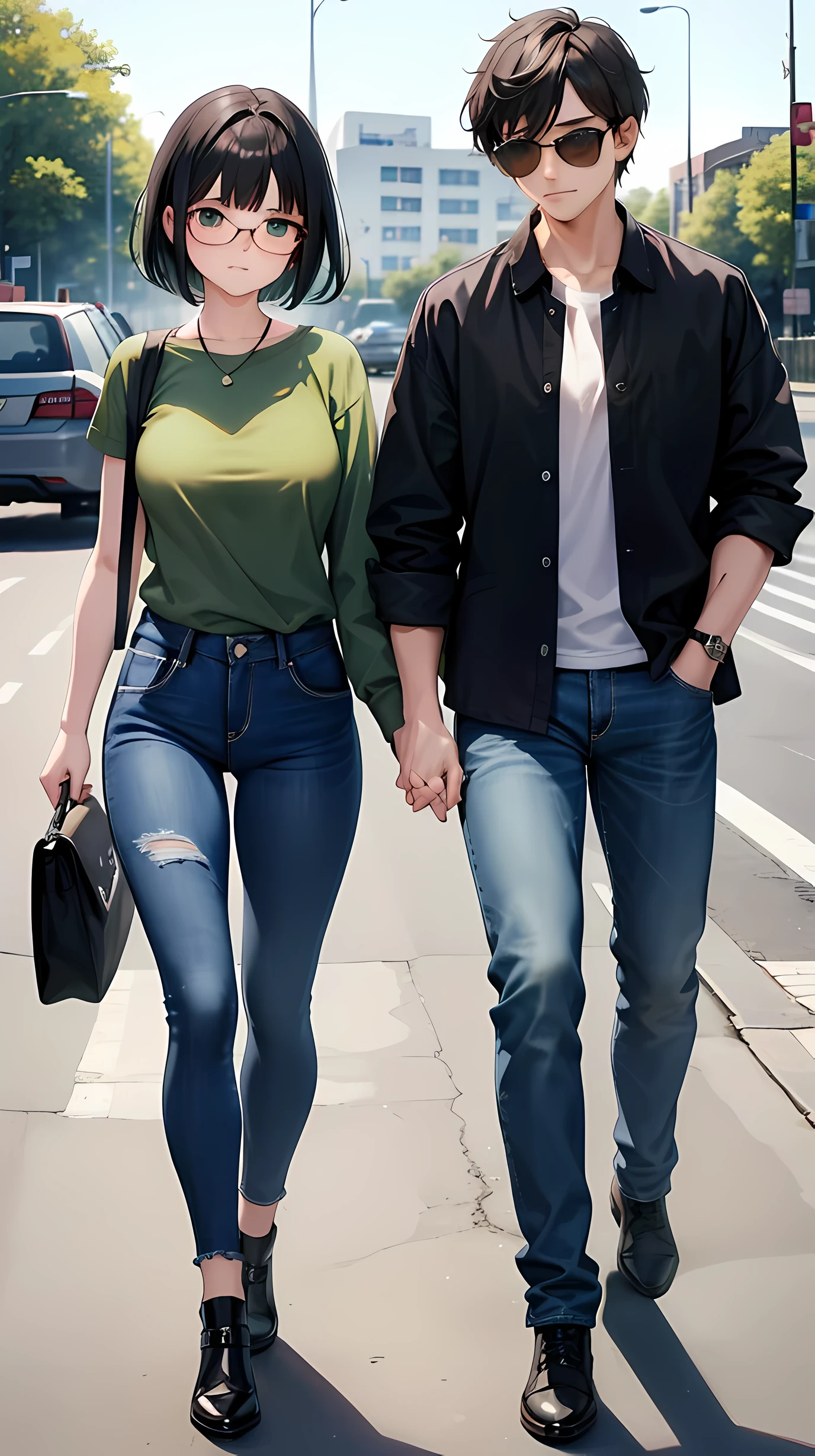 1, A man and a woman walk hand in hand.
2, The woman is a high school delinquent, short cabelo preto, blusa verde e short jeans, copos.
3, O homem camisa verde e jeans, cabelo preto, suncopos
4,The location is on the way to work.