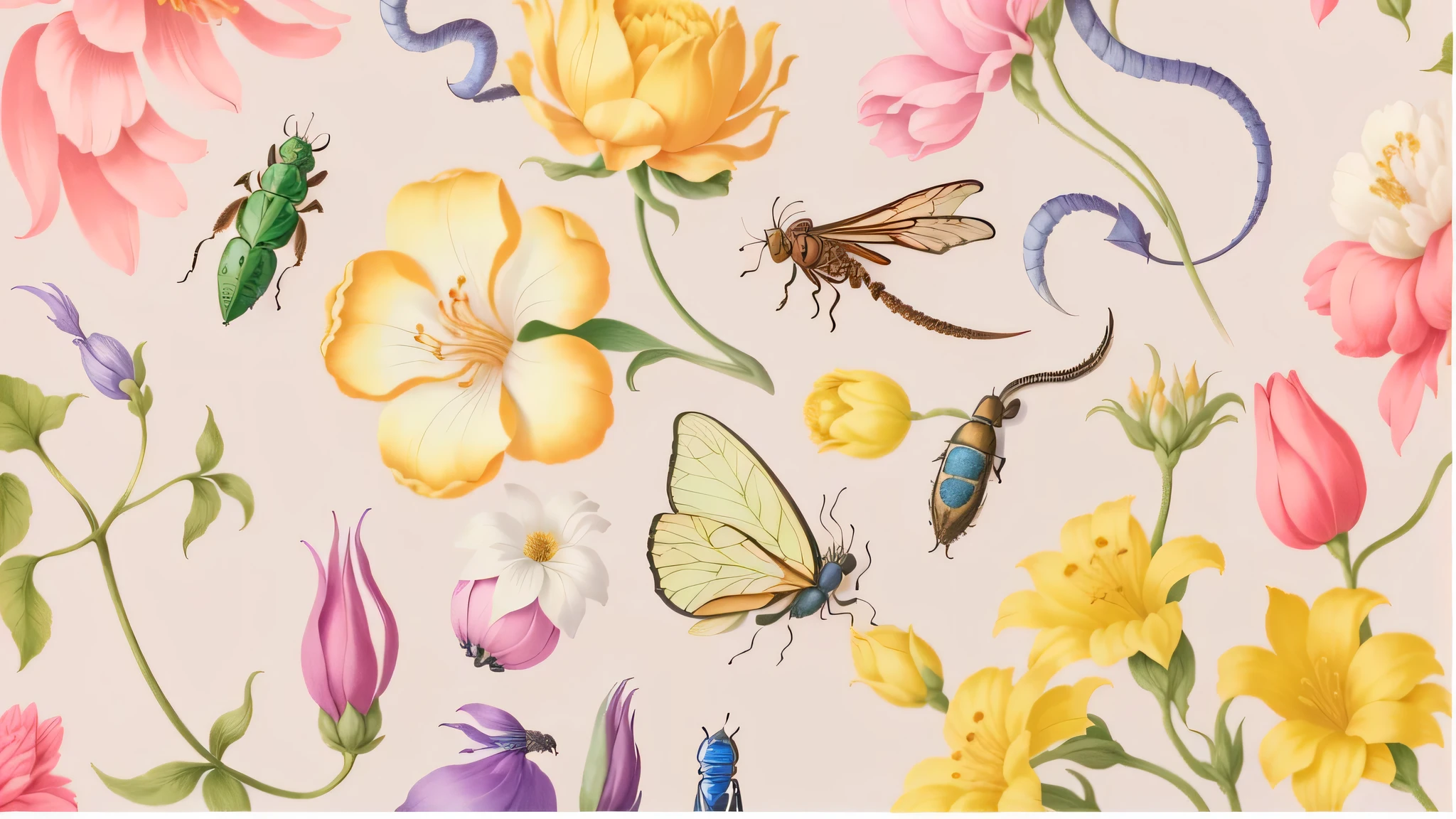 there are many different flowers and insects on this wallpaper, botanical background, botanical, botanicals, flora and fauna, botanical artwork, inspired by Ambrosius Bosschaert, floral wallpaper, inspired by Maria Sibylla Merian, botanic watercolors, inspired by Ambrosius Bosschaert II, botanical art, chinoiserie pattern
