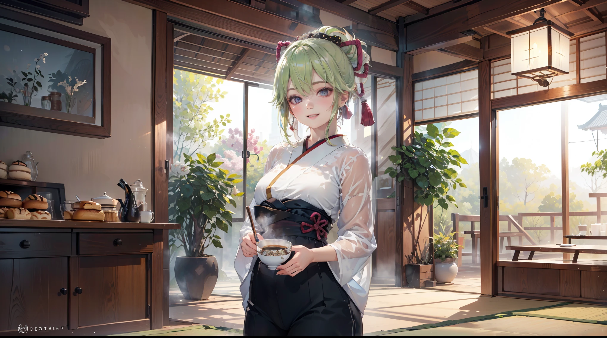 (best quality,8k,highres,masterpiece:1.2),(realistic,photorealistic,photo-realistic:1.37), ในตาสีม้วง, ชุดเมดแบบคลาสสิค, traditional Japanese bakery,beautiful detailed eyes,happiness,glowing eyes,smiling,peaceful atmosphere,traditional Japanese clothes,working(คุณภาพดีที่สุด,เต็มรูปแบบ,โฆษณา:1.2),แสงสว่างและอบอุ่น,หวานง่มงวง,ความสุขบริบูรณ์,รอยยิ้มสดใส,sakura tree,tranquil,aroma scent,dreamlike,vivid colors,subtle lighting,traditional Japanese tea set,lively ambiance