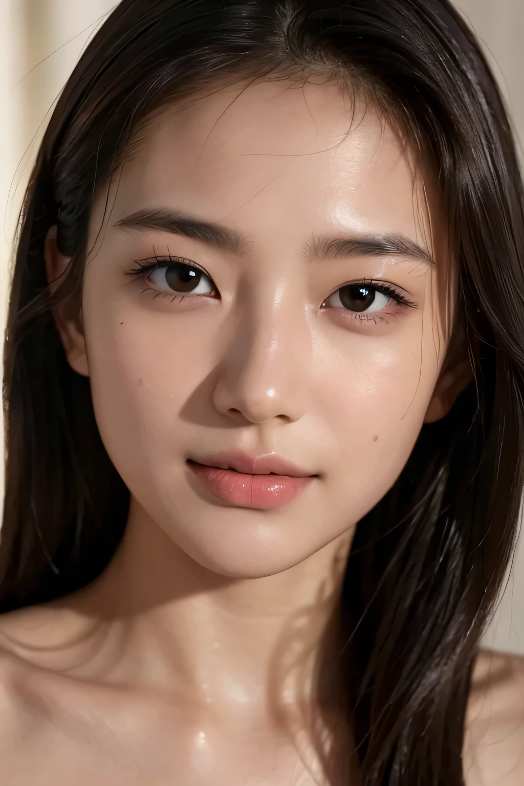 (Enhances the beauty of skin texture:1.1), highest quality、masterpiece, ultra high resolution、(Photoreal:1.4)、RAW photo、1 girl、shiny skin, dramatic lighting, RAW photo, table top:1.3, ultra high resolution:1.0, sharp focus:1.2, beautiful woman with perfect figure:1.4, thin abs:1.2, Highly detailed face and skin texture, fine eyes, double eyelid, perfect facial balance, clean system, smile, Soft light in a beautiful studio, rim light, vivid details, surreal, Fine and beautiful skin, realistic skin, beautiful face, Beautiful woman, high solution face, soft texture, nude, close up of face, glowing skin, face of glory, crazy high resolution, glowing skin, shining face, luster, oily skin, oily face, close up of face, zoom on face, oily skin, oily face, 強いluster, beautiful hair, Kitagawa Keiko、Kuroki Meisa,