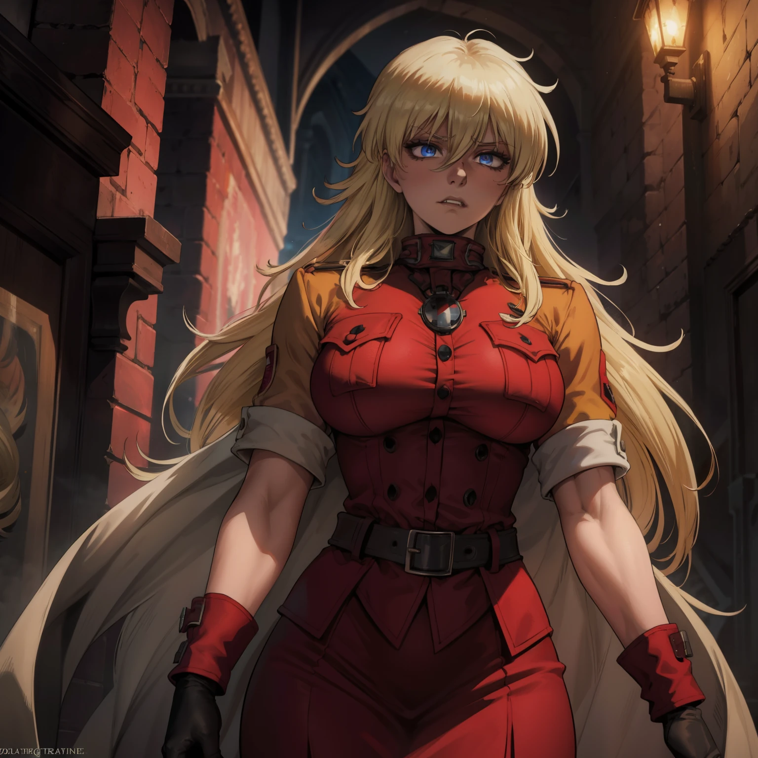 Seras,hellsing,detailed face,long blonde hair,breasts,large breasts,breast focus,beautiful detailed eyes,full lips,porcelain skin,vampire fangs,fierce expression,perky nose,waist-length hair,straight hair strands,vigorous body,well-toned muscles,fit physique,tall and slender body,battle-ready stance,red uniform,red jacket,black gloves,silver tiara,ornate cross necklace,dark atmosphere,gloomy background,ominous lighting,nighttime scene,dark shadows,high contrast,dramatic angles,vibrant colors,dynamic composition,mysterious aura,vampire powers,intense action scene,inspired by Gothic art,horror aesthetic,stylized interpretation,Bernadotte mansion,intricate details,realistic textures,bokeh effects,photorealistic rendering,ultra-detailed lines,high-res masterpiece,professional artwork,studio lighting,HDR enhancement.