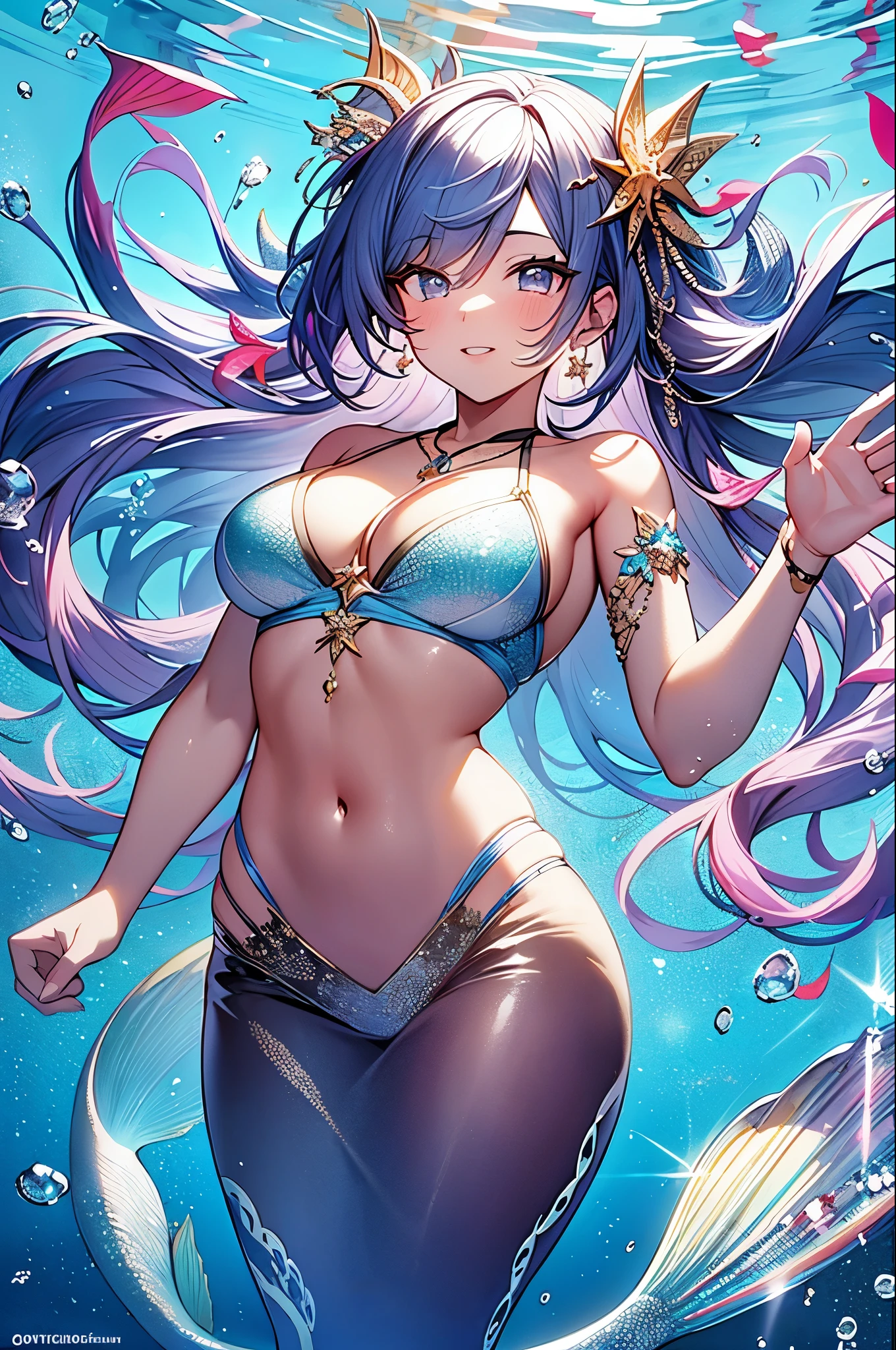 ((Masterpiece, Top Quality, Watercolor Art (Pendant), Official Art, Beautiful and Aesthetic: 1.2)), (Golden Ratio: 1.2), (Full Body: 1.2), (Ultra Detail: 1.3), (1 Girl: 1.3), (Fractal Art: 1.3), Full Body, (Glitter Pupil)), Pattern, (iridescent hair, colorful hair, half light blue and half pink hair: 1.2)), Colorful, writing, (Heterochromia), (Colorful: 1.5), ((swimsuit)), (((shy face)), ((seashell bikini)), (standing figure), (hyper detail), ((delicate detail)), (complex detail), ((cinematic light, highest quality backlight)), high contrast, ((best lighting, very delicate and beautiful)), ((cinematic light)), (ray-traced reflection, shine), ( (glowing aura)), ((glowing hair)), ((super detail)), ((8K)), (closeup)), delicate beautiful face and eyes,focus on face, deep sea background,masterpiece,detailed splashing, beautiful details water, shock sensation, (real: 0.5), original 2 high saturation, (surrounded by colorful splashes and dots), colorful bubbles, glasses, (((mermaid)), (fish in background)
