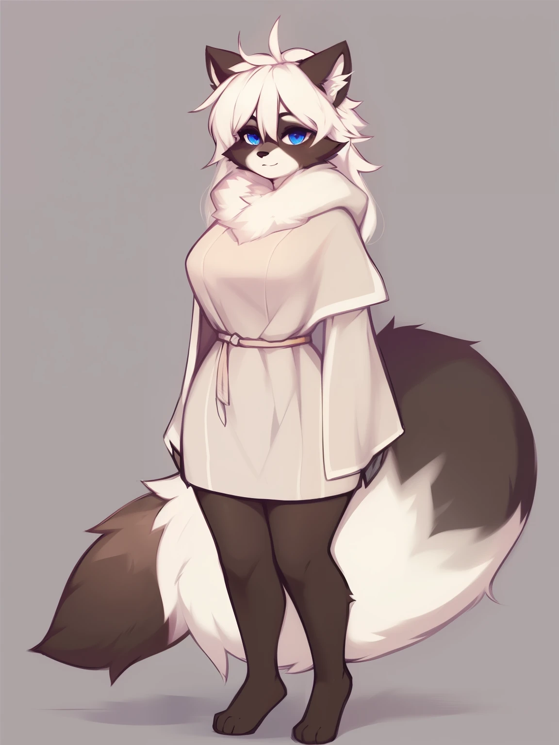 by zackary911,zackary911, raccoon anthro, white poncho solo, one character, blue eyes, female, fluffy fur, big fluffy tail, breast, fluffy fur neck, long hair, wide hips