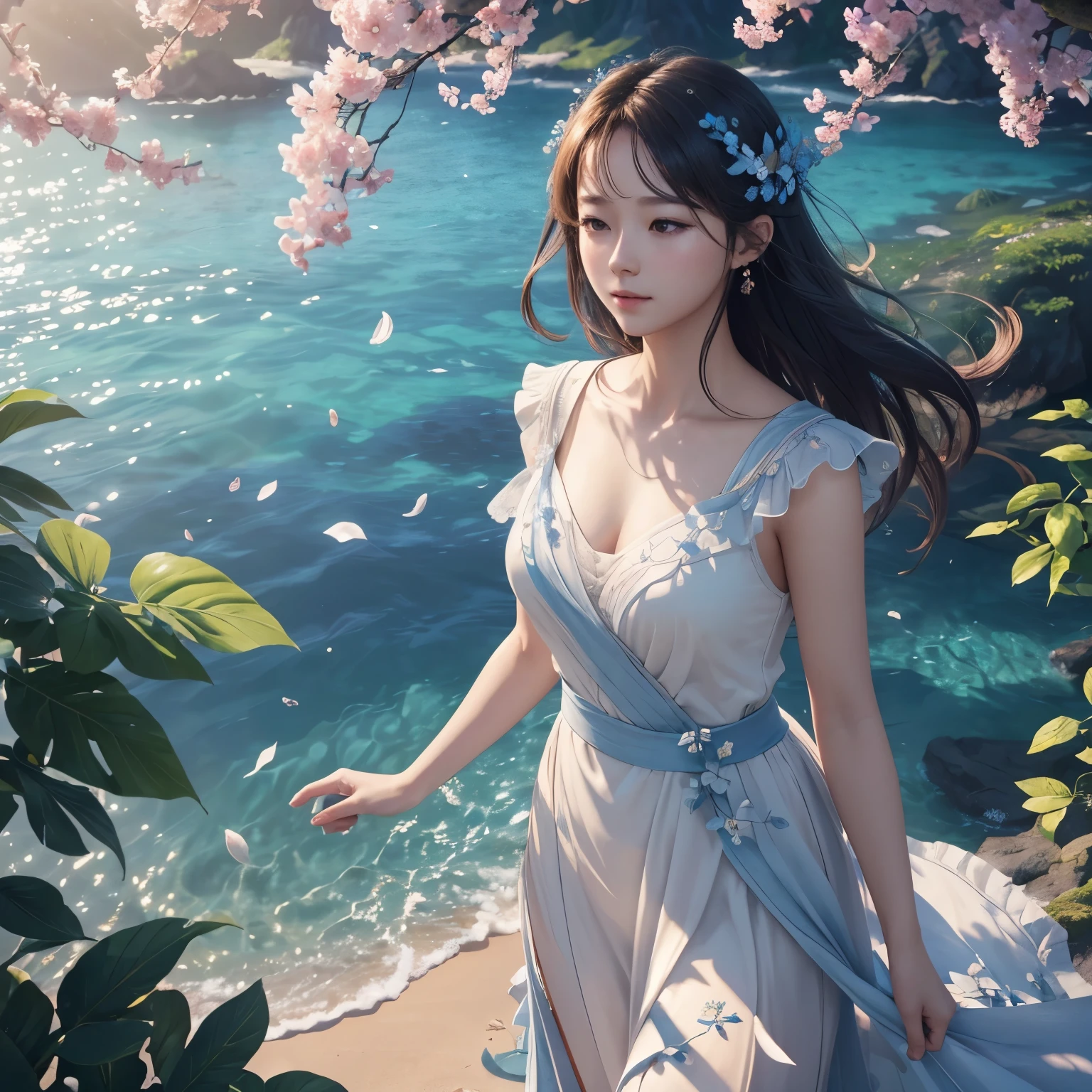 Masterpiece, best quality, (very detailed CG unity 8k wallpaper) (best quality), (best illustration), (best shadows) Nature&#39, blue sea,delicate leaves petals of various colors falling in the air light Tracking, super detailed 