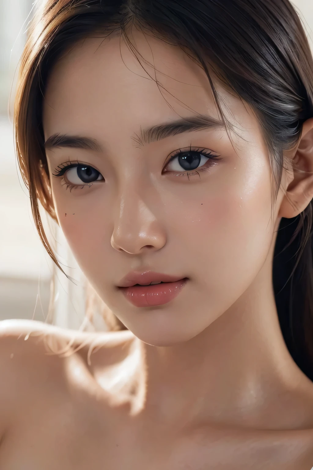 (Enhances the beauty of skin texture:1.1), highest quality、masterpiece, ultra high resolution、(Photoreal:1.4)、RAW photo、1 girl、shiny skin, dramatic lighting, RAW photo, table top:1.3, ultra high resolution:1.0, sharp focus:1.2, beautiful woman with perfect figure:1.4, thin abs:1.2, Highly detailed face and skin texture, fine eyes, double eyelid, perfect facial balance, clean system, smile, Soft light in a beautiful studio, rim light, vivid details, surreal, Fine and beautiful skin, realistic skin, beautiful face, Beautiful woman, high solution face, soft texture, nude, close up of face, glowing skin, face of glory, crazy high resolution, glowing skin, shining face, luster, oily skin, oily face, close up of face, zoom on face, oily skin, oily face, 強いluster, beautiful hair, Kitagawa Keiko、Kuroki Meisa,