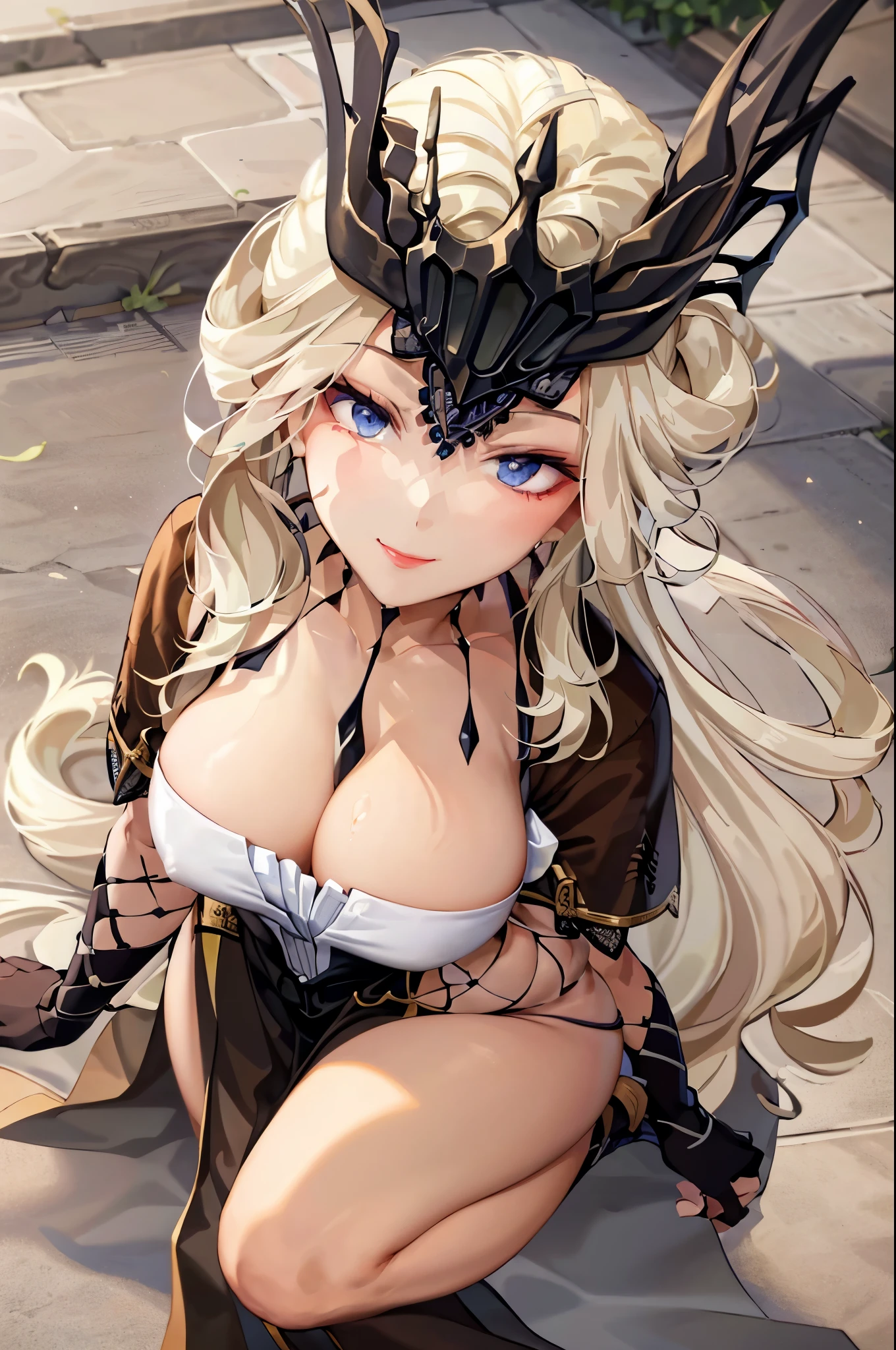 (masterpiece:1.2, best quality), (finely detailed beautiful eyes: 1.2), (extremely detailed CG unity 8k wallpaper, masterpiece, best quality, ultra-detailed),  signora \\(genshin impact\\) , large breasts, long hair, mature female, one eye covered, jewelry, mask, black gloves, elbow gloves, fur trim, dress, coat,  High contrast, stoking, higher heels, whole body, eviler smile (best illumination, an extremely delicate and beautiful),1girl,(simple backround, outdoors,  front on),  looking at viewer,beautiful detailed glow,full body, (beautiful detailed face, beautiful detailed eyes)