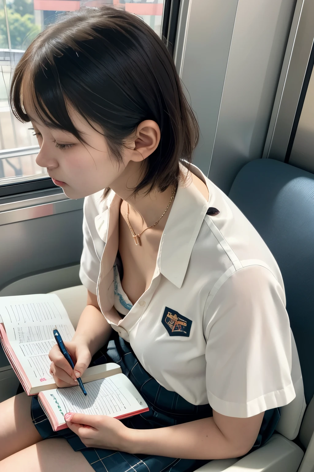 best quality, ultra highres, ultra detailed skin, physically-based rendering,downblouse, looking down,(yo japanese girl sitting on seat and writing in notepad, decorated detailed bra, overlap buttoned shirt, school uniform, small breasts, voluptuous, from side above),(beautiful background:1.2), in train, short hair, necklace