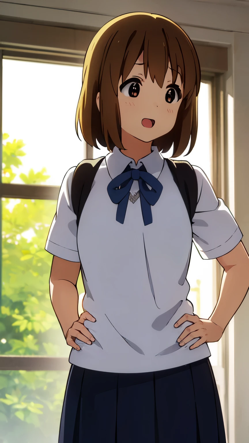 1girl, (((masterpiece))), top-quality, top-quality, High Details, hirasawa yui, 1girl, Sakuragaoka High School Uniform, student clothes, maid cafe uniform, two-yellow hairpin, short hair, A brown-haired, brown-eyed, 独奏, reddish, thin blue ribbon, Solid white buttoned shirt under blazer, illustratio, comic strip, soothing tones, Subdued Color, Soft cinematic light, adobe lightroom, photolab, HDR, intricately and hyper-detailed、(((depth of fields))))。(((masterpiece)))。(((top-quality))).)((ultra-detailliert)))。(((illustratio)))。(((takeout))).dynamic focus.big breasts.(((canteen))).(((A school))).(((Face of happy))). open mouth.(((put hands on the hip))).(((up chest))).((morning glow)).((the setting sun)).