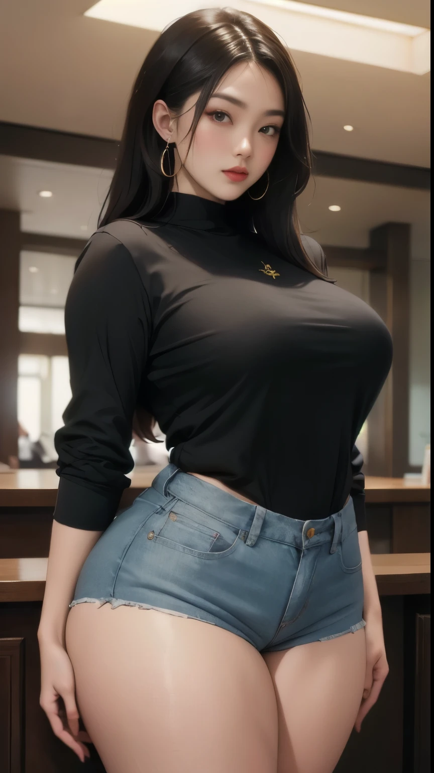 there is a woman in a black shirt and gold shorts posing for a picture, beautiful thick female, thicc, wide hips, thick thighs, alluring plus sized model, rubenesque, thick legs, large thighs, plus size woman, widest hips, thick body, thick, curvy hourglass figure, curvy , japan-Indonesian goddess , beautiful curvy female