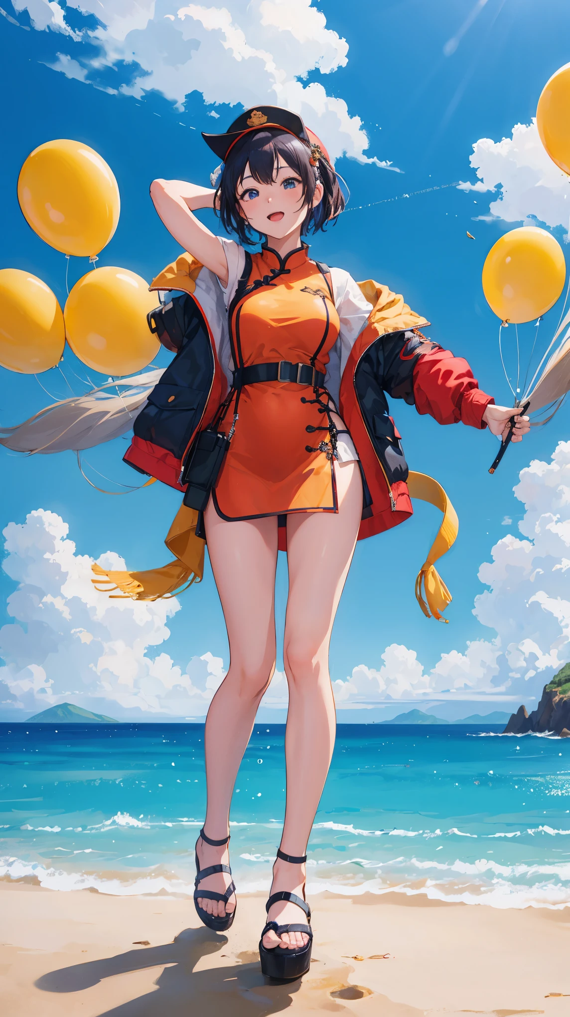 A decisive moment on a travel variety show where the protagonist, a Chinese female, asserts her choice with enthusiasm. She suggests visiting the sea, expressing her desire with a strong, confident tone. The scene depicts her in a brightly lit studio with a large screen behind her displaying various sea views from around the world. Her posture is upright, her expression is one of excitement, and she’s gesturing towards the screen