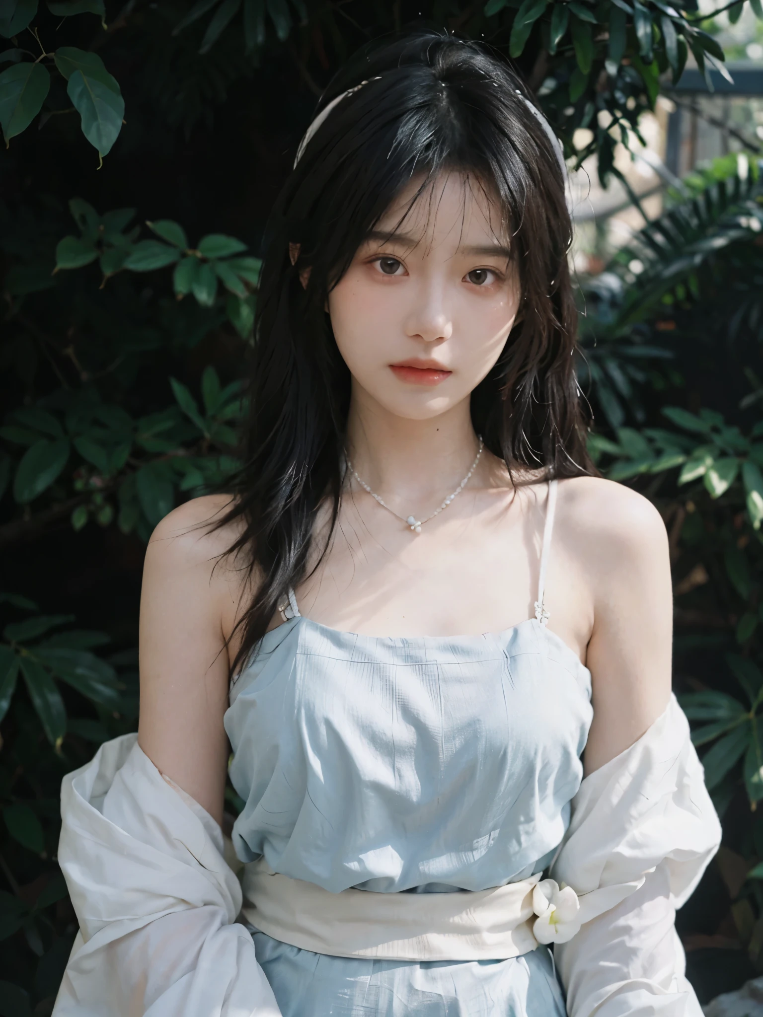Film portrait photography, 2 girls, bare shoulders, Shoulder length wavy hair, white hanfu，Snow white sling，Antique hair accessories， gemstone necklace，(Realistic and detailed eyes, natural skin texture, Realistic facial details),, depth of field, Bokeh, Vibrant details, Detailed and detailed, Surrealism, 35mm film, hazy, ,Selfie，