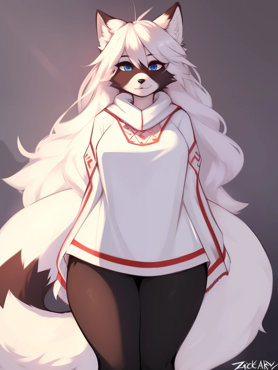 by zackary911,zackary911, raccoon-fox anthro, white poncho solo, one character, blue eyes, female, fluffy fur, big fluffy tail, breast, fluffy fur neck, long hair, wide hips