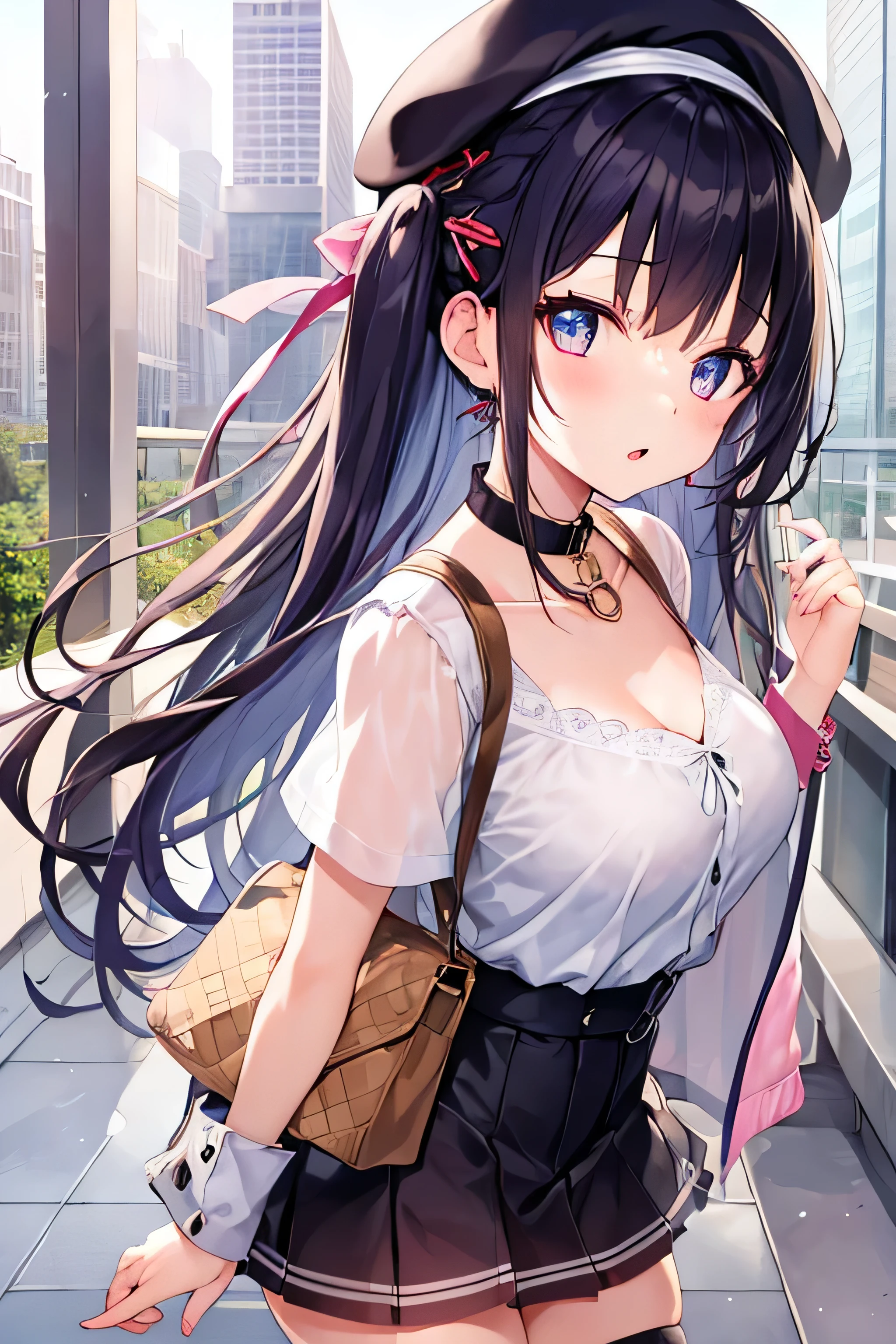 masterpiece、Highest image quality、ultra high resolution、big breasted 、twin tail hairstyle、black hair、red face、shyly、mock、Open your mouth just a little、Short-sleeved women's clothing that shows the chest、Girls Mini Skirt、girls thigh high socks、girls beret、Skyscraper、outdoors