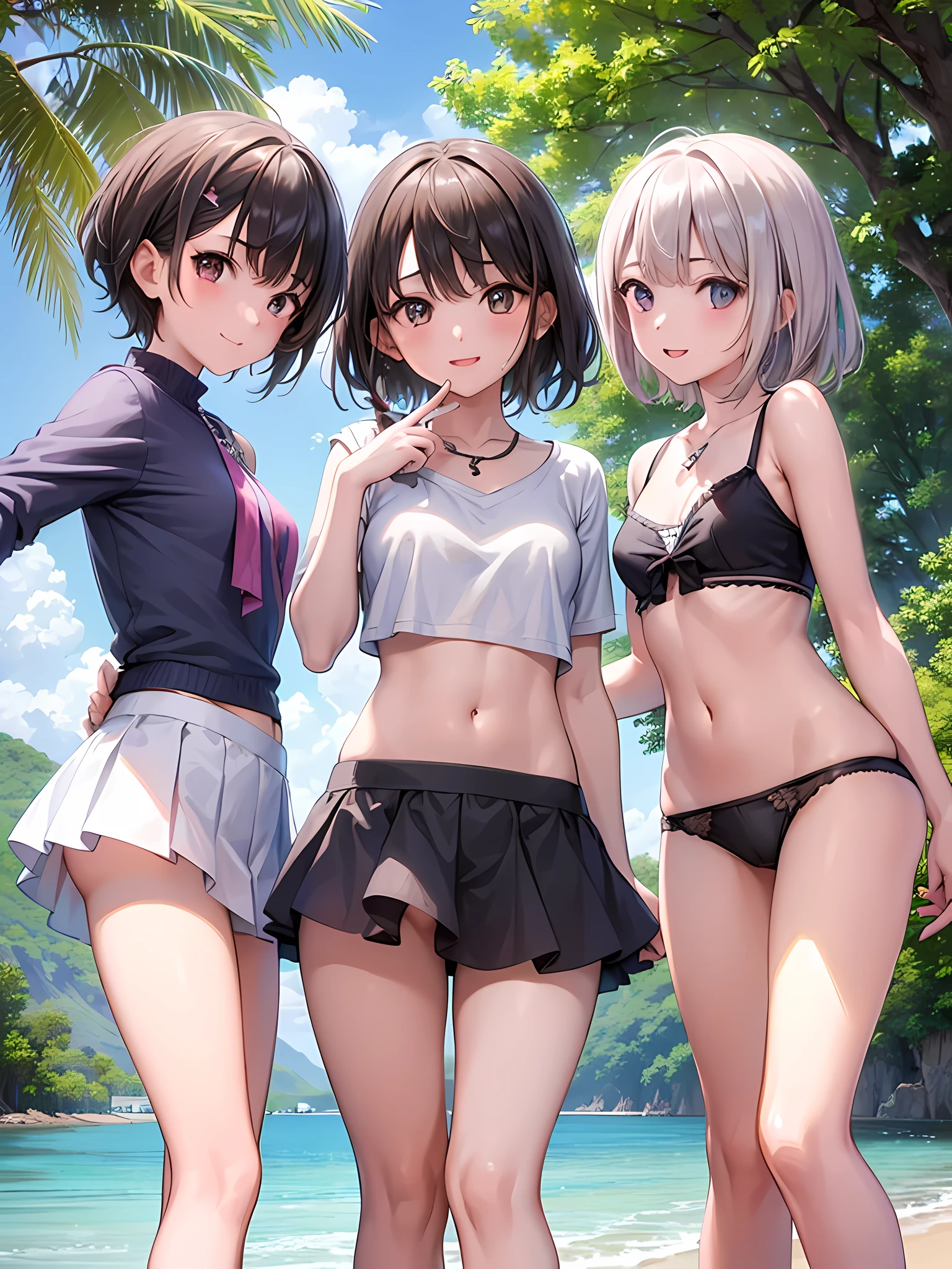 ((highest quality)), ((masterpiece)), (), (3 girls:1.8), cute three girls are posing for a camera outdoors in the water, shirtをつかむ, Stand in line, (Close-up shot from the knee:1.3), perfect face, smile, (open your mouth and smile:1.3), embarrassed look, (precise fingers:1.3), hair band, head band, hair bobble, blouse, shirt, I can see your underwear, (pastel colored underwear), high resolution eyes, accurate eyes, (high resolution eyes:1.8), (High definition finger 1.8), light smile, small chest, chest, realistic, 4-year-old, 5 yeold, ears ols old, knee s short skirt, Asian, Westerners, silver hair, brown hair, blonde, belly button, jewelry, looking at the viewer, necklace, water, , Wet, long hair, short hair, abs,