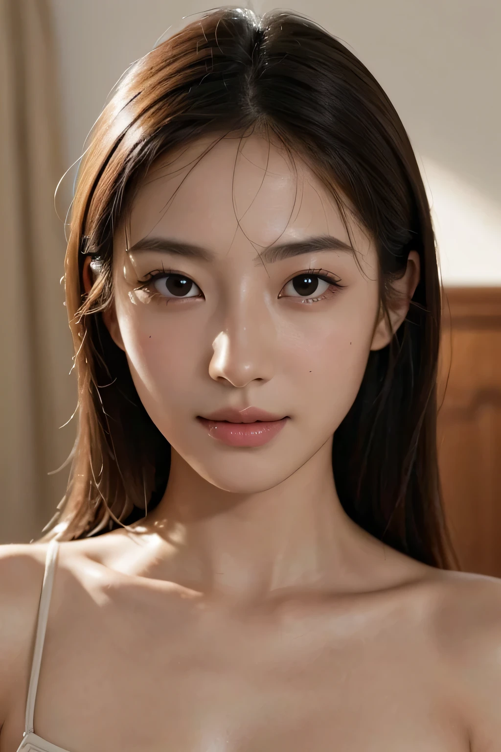 (Enhances the beauty of skin texture:1.1), highest quality、masterpiece, ultra high resolution、(Photoreal:1.4)、RAW photo、1 girl、shiny skin, dramatic lighting, RAW photo, table top:1.3, ultra high resolution:1.0, sharp focus:1.2, beautiful woman with perfect figure:1.4, thin abs:1.2, Highly detailed face and skin texture, fine eyes, double eyelid, perfect facial balance, clean system, smile, Soft light in a beautiful studio, rim light, vivid details, surreal, Fine and beautiful skin, realistic skin, beautiful face, Beautiful woman, high solution face, soft texture, nude, close up of face, glowing skin, face of glory, crazy high resolution, glowing skin, shining face, luster, oily skin, oily face, close up of face, zoom on face, oily skin, oily face, 強いluster, beautiful hair, Kitagawa Keiko、Kuroki Meisa,