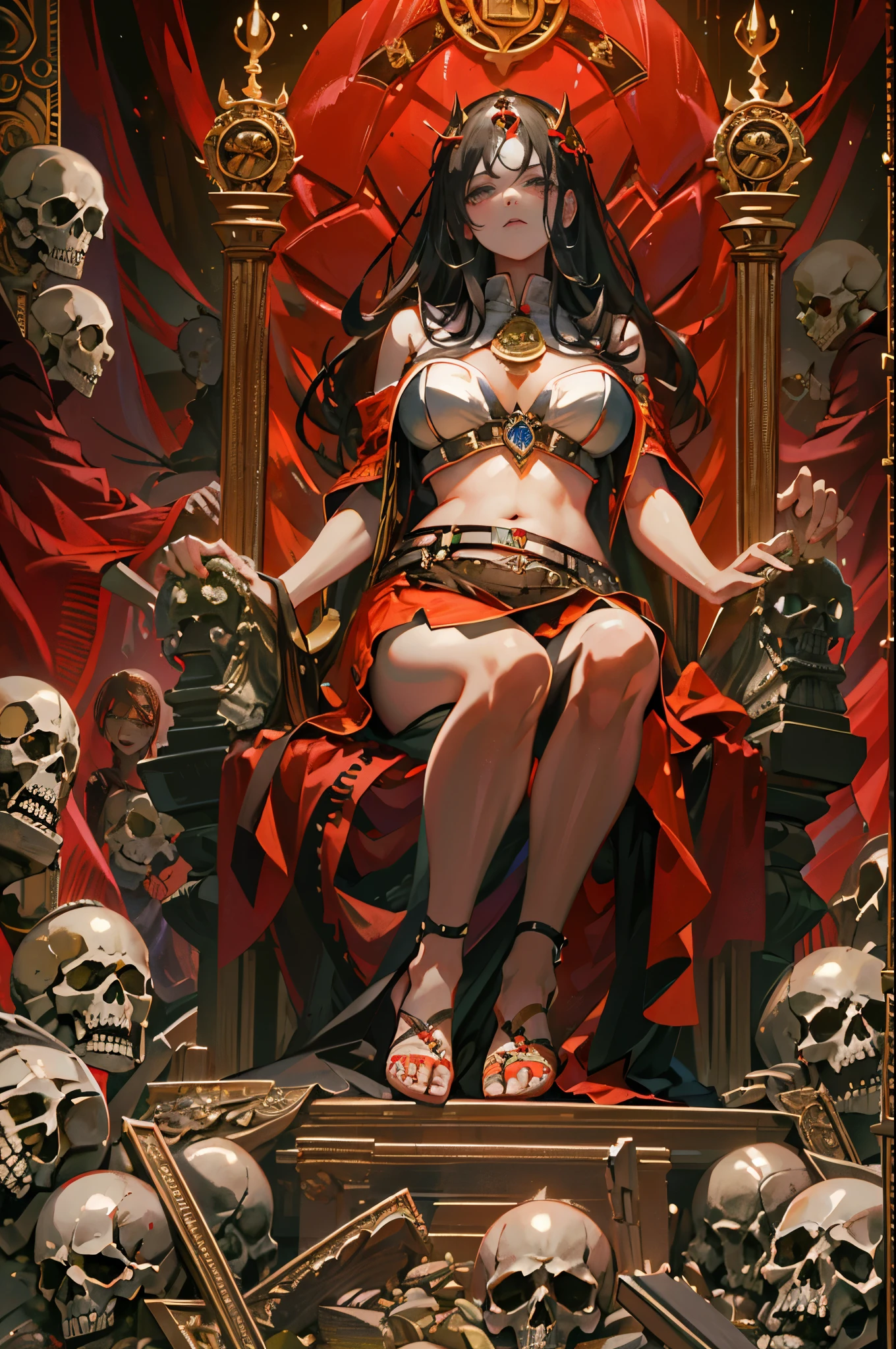 ((Best quality)), ((Masterpiece)), (detailed), perfect face, Realistic. bottom view,view from afar,full body, reclining ,confident pose,arrogant posture, looks down at the viewer,one, one woman sits on a throne of skulls, leg on leg.bright red long hair, Curly, detailed face, black eyes are very expressive. (Unbuttoned my red shirt, long tight skirt, swastika chest badge). large saggy breasts, wide hips, plump belly. Throne of bones and skulls, detailed with jewels , despises the observer