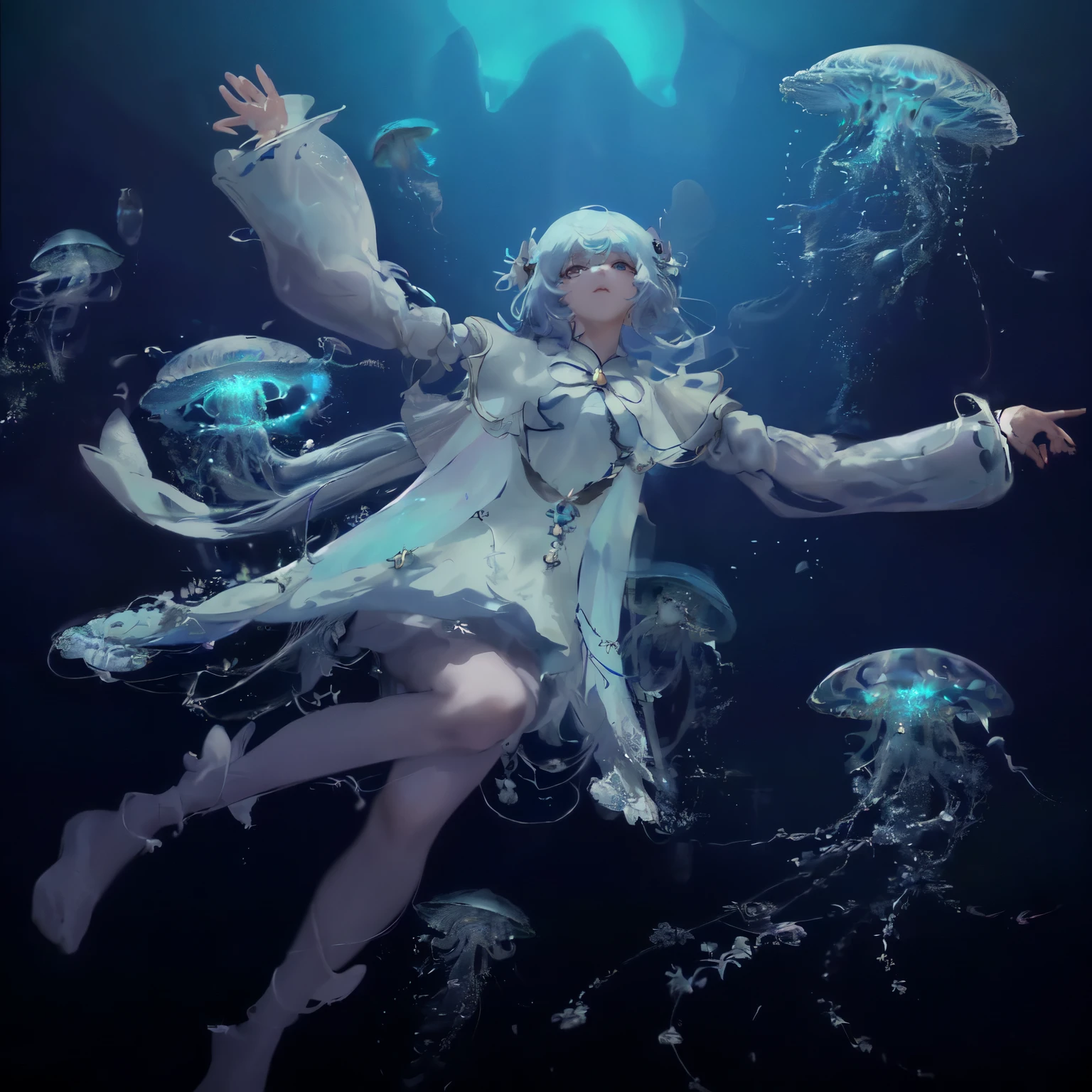 One wearing a white dress、Arafad image of woman wearing white hat, Jellyfish Priestess, Complex and gorgeous anime CGI style, Jellyfish Miko, Popular topics on cgstation, guweiz, Close-up fantasy of water magic, Anime girl walking on water, guweiz style artwork, jelly fish dancing, ethereal fantasy, victorian era,jellyfish elements