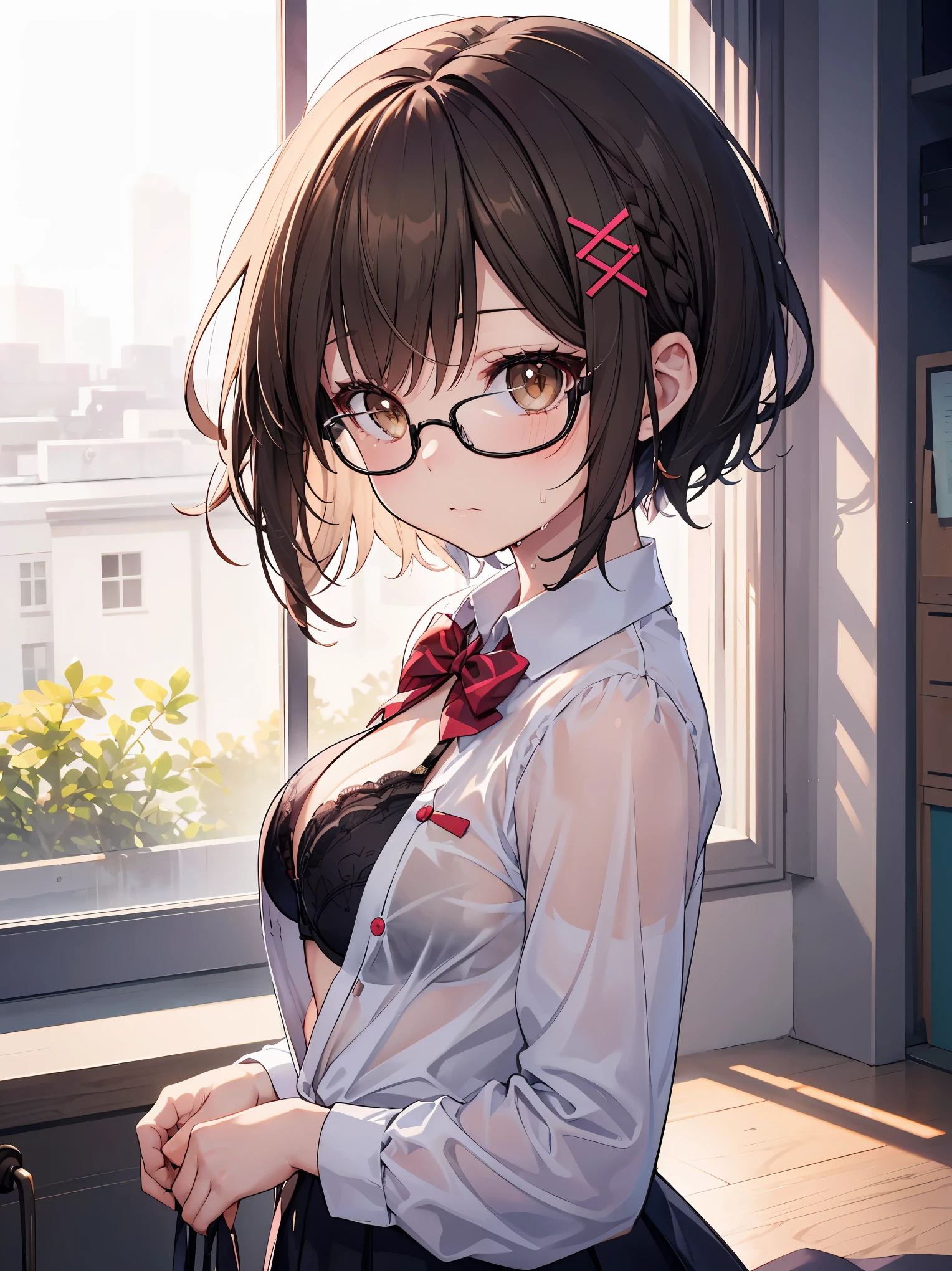 (masutepiece, Best Quality, Capture super cute moments, depth of fields, ultra-detailliert, Ultra High Resolution, C4D, Octadale, 3D Modeling, 8K, 16 K, one girls、a 、A dark-haired、short-hair、straight haired、Light brown eyes,hair adornments、wearing black glasses、Cute face),

((masutepiece)), ((best quality)), ((Ultra-detailed)), (([novel illustration)),  1 Girl Standing, School uniform, [(Blue bra): See-through white shirt:0.6),(Wet clothes), Upper body, view straight on