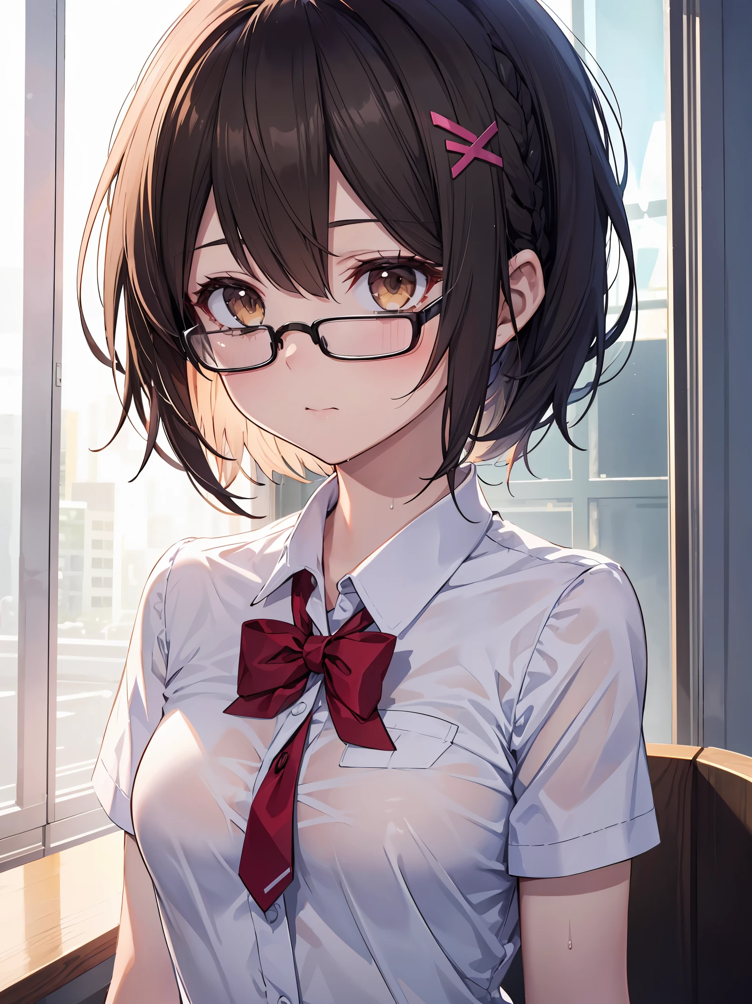 (masutepiece, Best Quality, Capture super cute moments, depth of fields, ultra-detailliert, Ultra High Resolution, C4D, Octadale, 3D Modeling, 8K, 16 K, one girls、a junior high school student、A dark-haired、short-hair、straight haired、Light brown eyes,hair adornments、wearing black glasses、Cute face),
((masutepiece)), ((best quality)), ((Ultra-detailed)), (([novel illustration)), 1 Girl Standing, School uniform, [(Blue bra): See-through white shirt:0.6),(Wet clothes), Upper body, view straight on