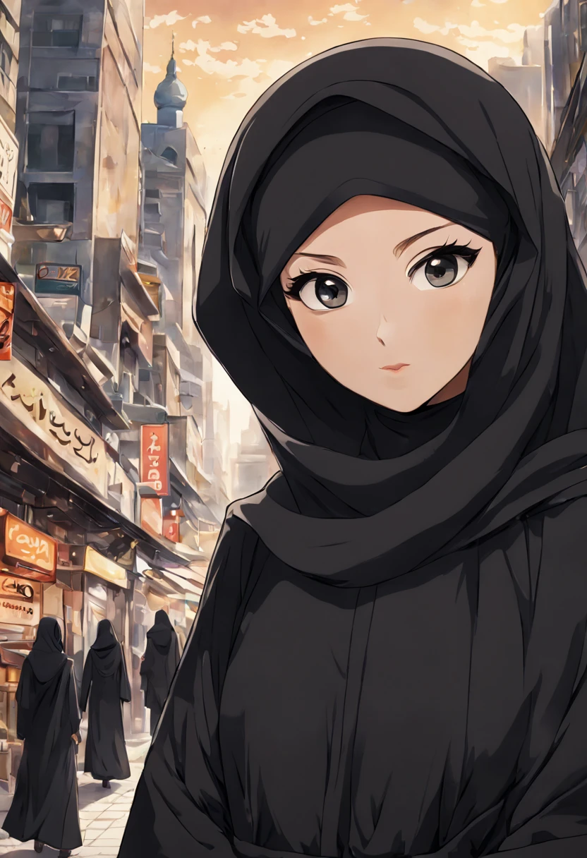 Craft an anime-style close-up portrait of a 24-year-old woman, her unadorned eyes reflecting serenity and inner peace, draped in a black Abaya and Khimar Hijab. Behind her, the bustling streets of a modern city blur into the background, symbolizing the harmony between tradition and contemporary life, while the woman's modest attire serves as a timeless reminder of faith and humility.