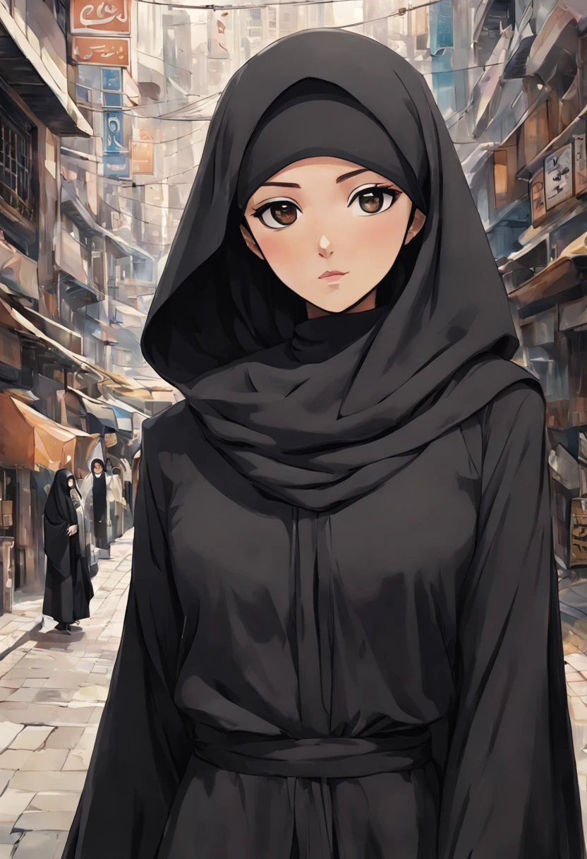 Craft a visually striking anime-style artwork featuring a detailed close-up of a 24-year-old woman wearing a black Abaya and Khimar Hijab. Surrounding her, a bustling metropolis buzzes with activity, symbolizing the integration of Islamic values into modern urban life, while the woman's modest attire serves as a reminder of humility and devotion.