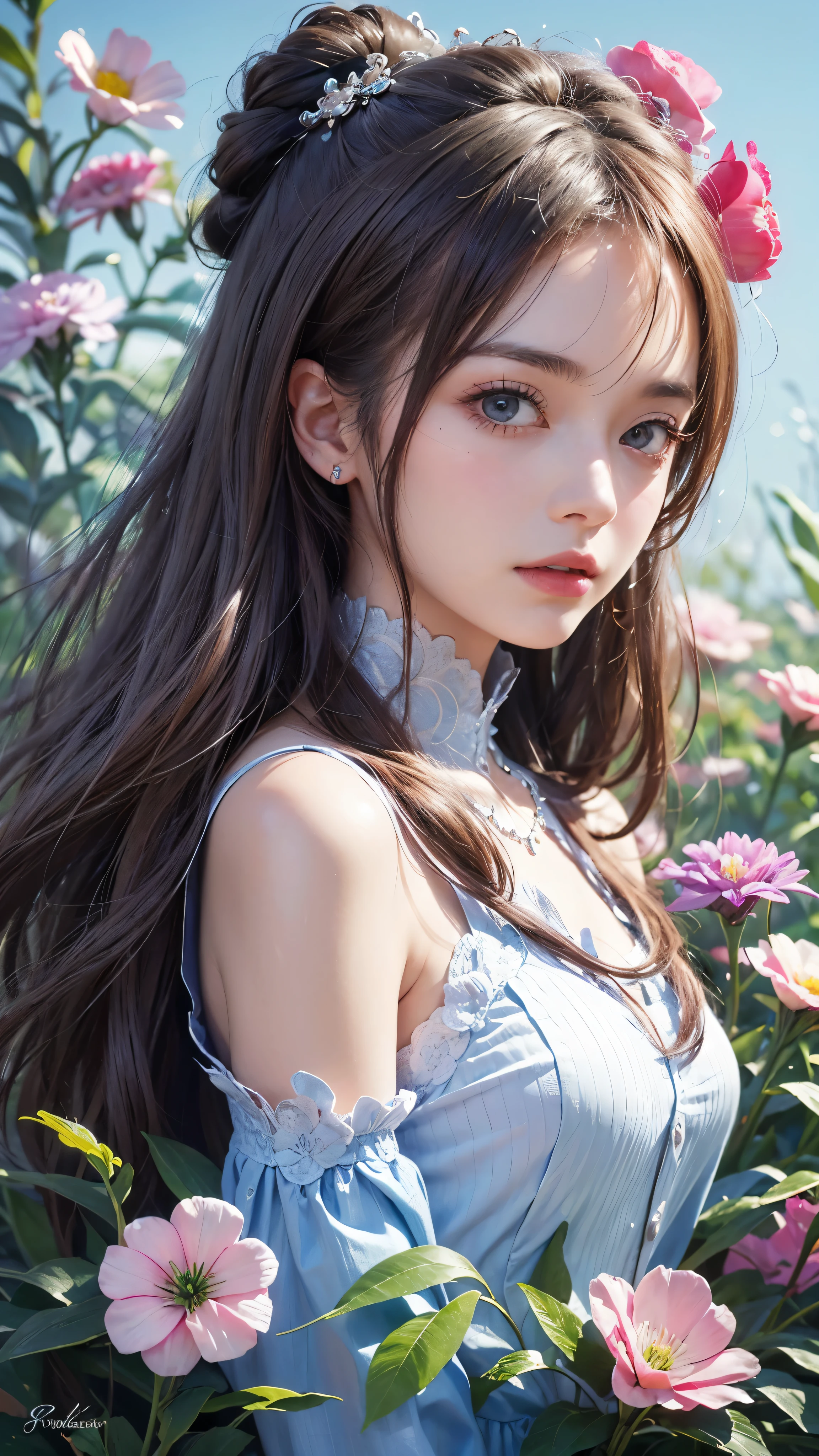 1 girl, long hair, flower, Lisianthus, in the style of Silver and light azure, dreamy romantic work, Silver, Fantastic leaves, playful arrangement, fantasy, high contrast, ink stroke, explosion, exposed, Silver and pink tone impression, abstract, attractive pose,